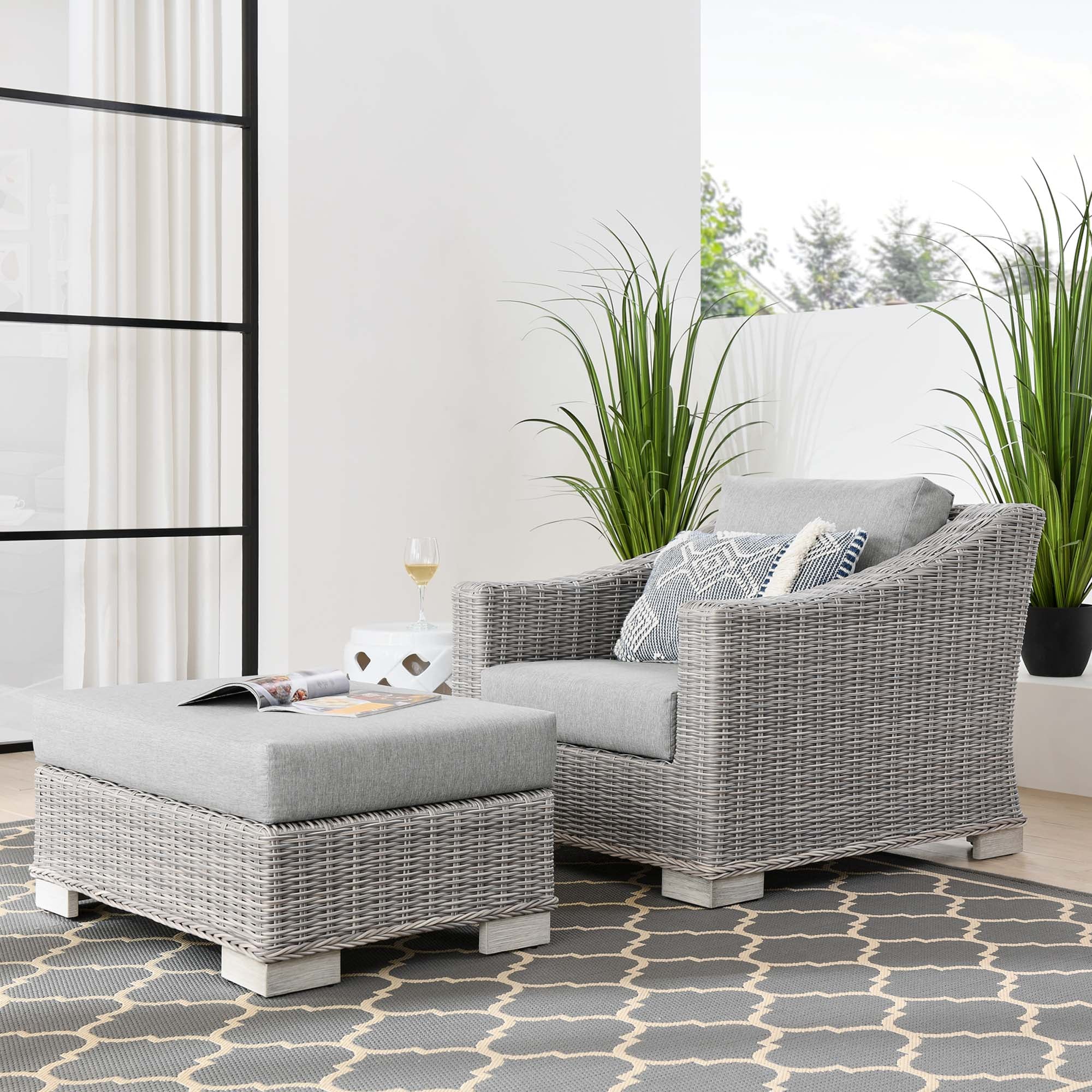 Conway 2-Piece Outdoor Patio Wicker Rattan Armchair and Ottoman Set - Image 2