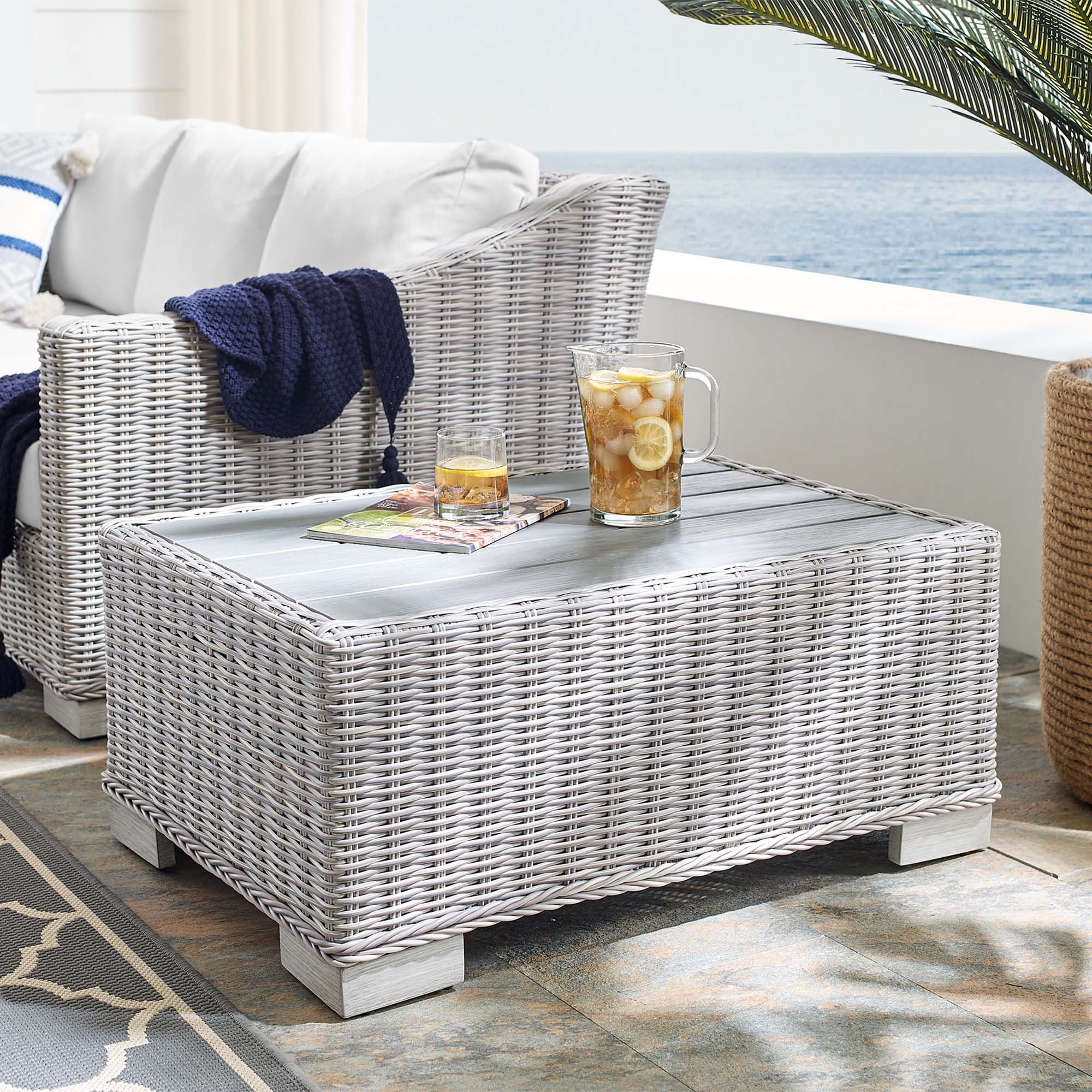 Conway 32" Outdoor Patio Wicker Rattan Coffee Table in Light Gray - Image 2