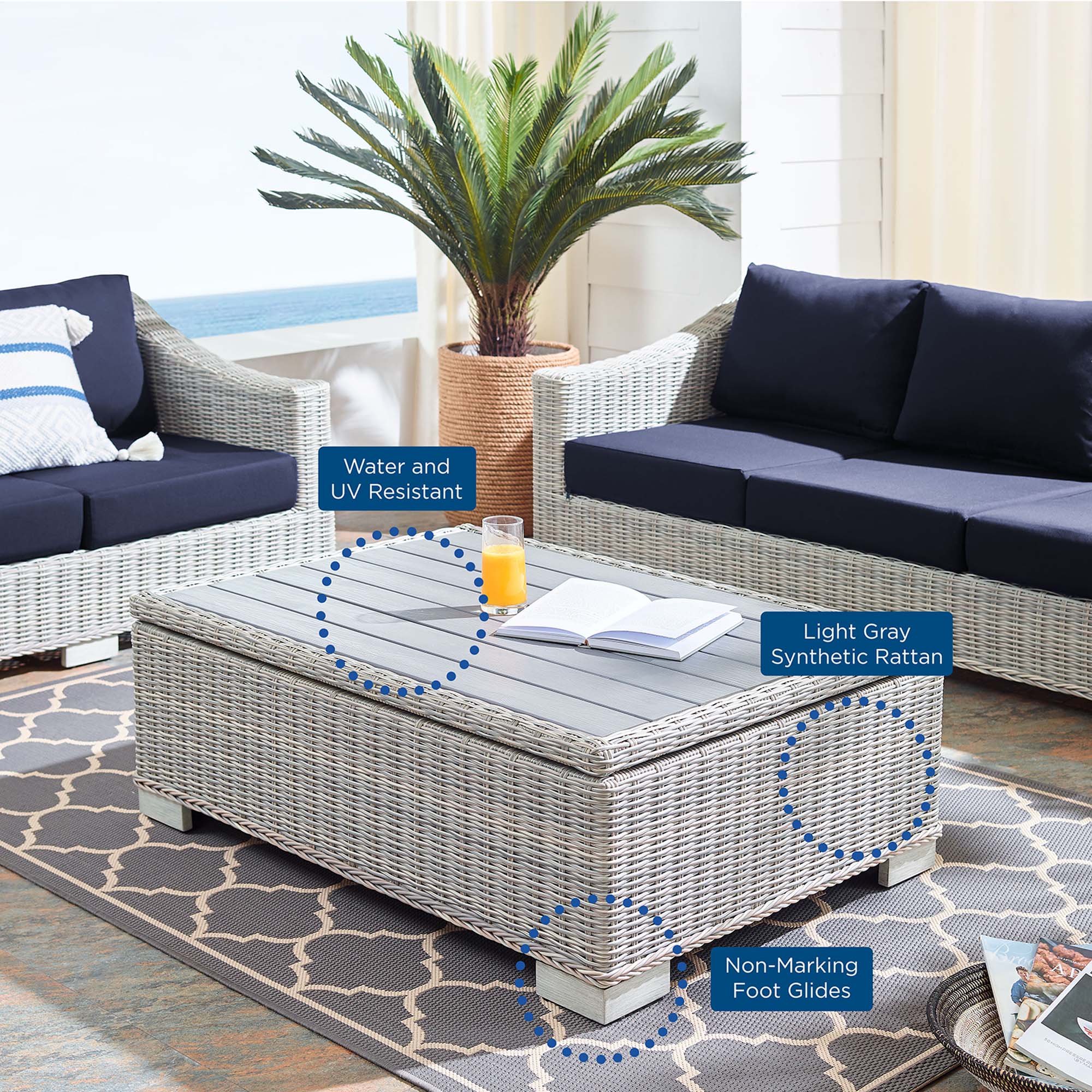 Conway 45" Outdoor Patio Wicker Rattan Coffee Table in Light Gray - Image 10
