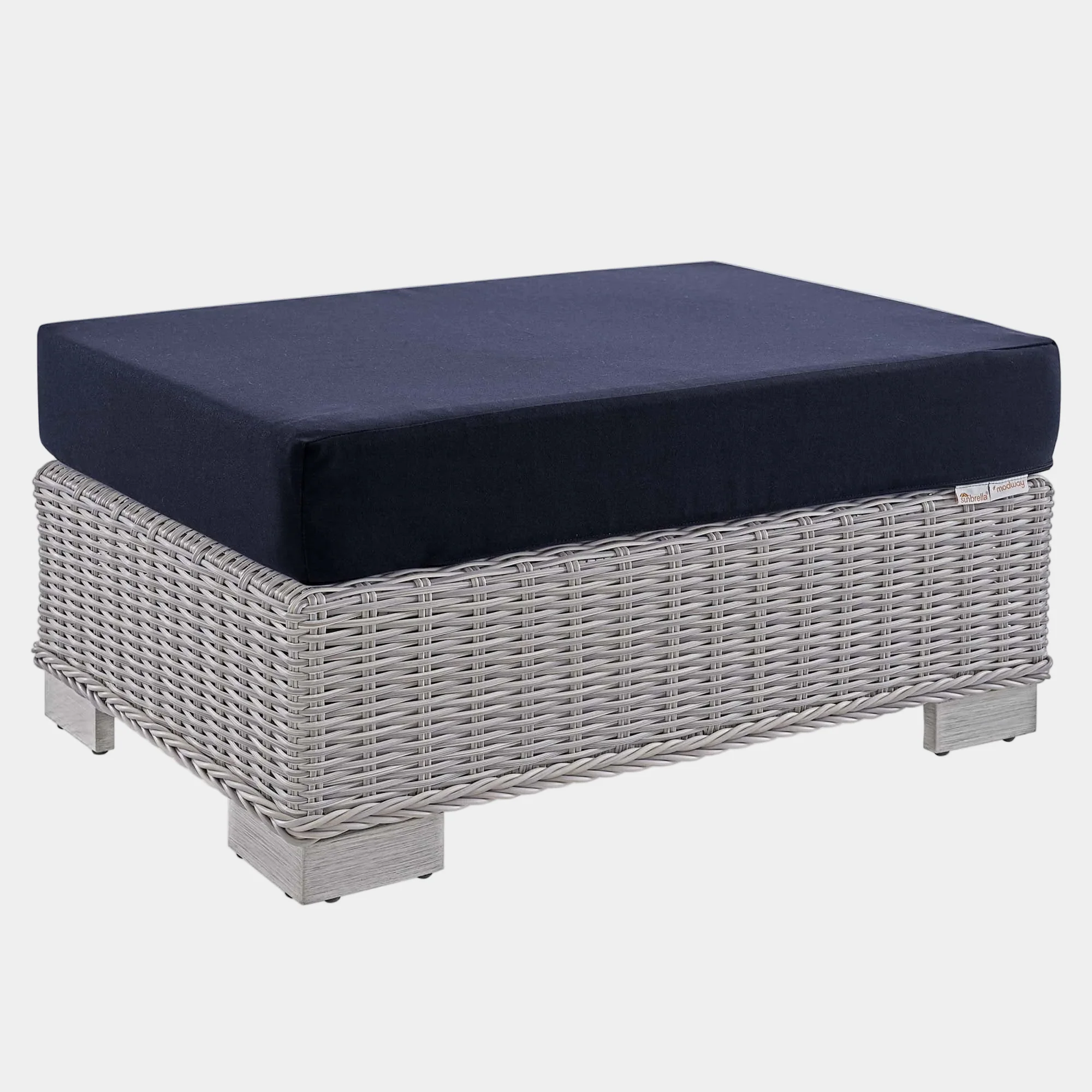 Conway Sunbrella® Outdoor Patio Wicker Rattan Ottoman in Light Gray Navy