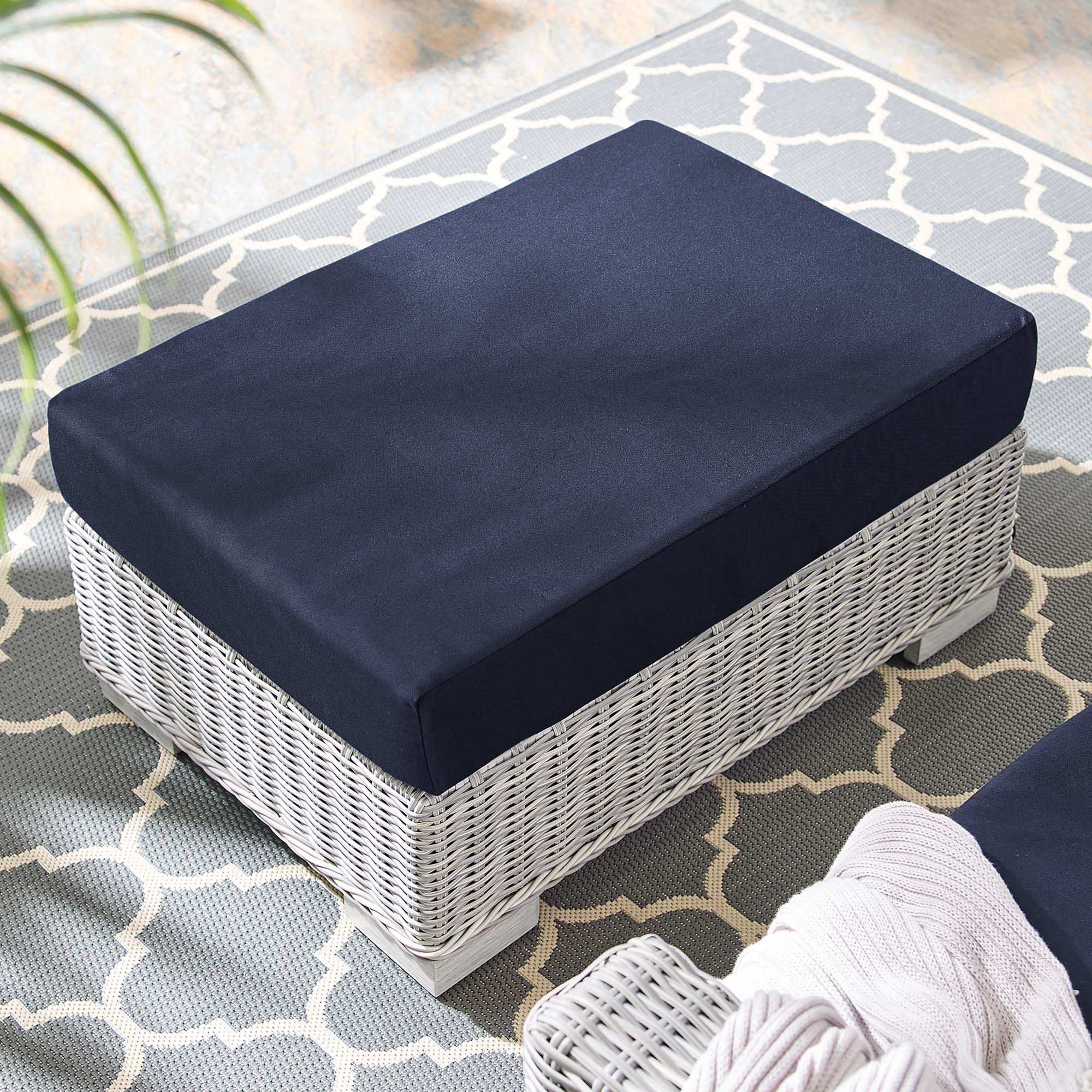 Conway Sunbrella® Outdoor Patio Wicker Rattan Ottoman in Light Gray Navy - Image 2