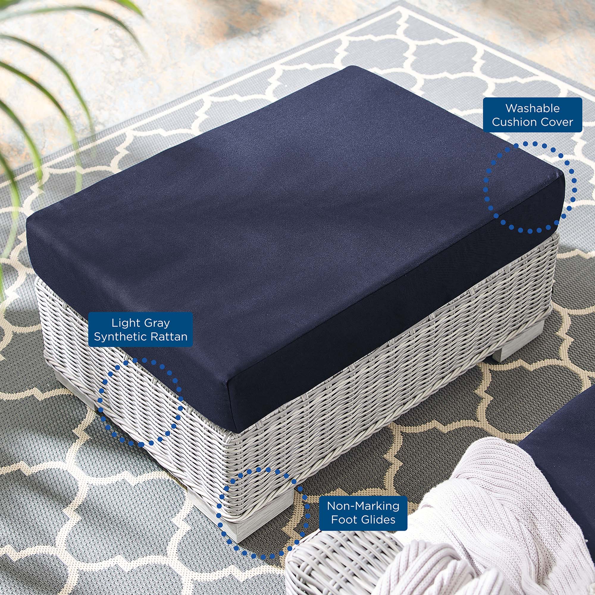 Conway Sunbrella® Outdoor Patio Wicker Rattan Ottoman in Light Gray Navy - Image 9