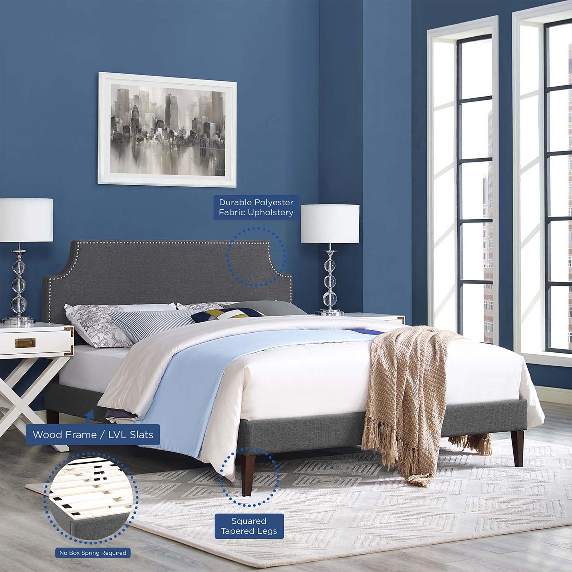 Corene Fabric Platform Bed with Squared Tapered Legs - Image 2