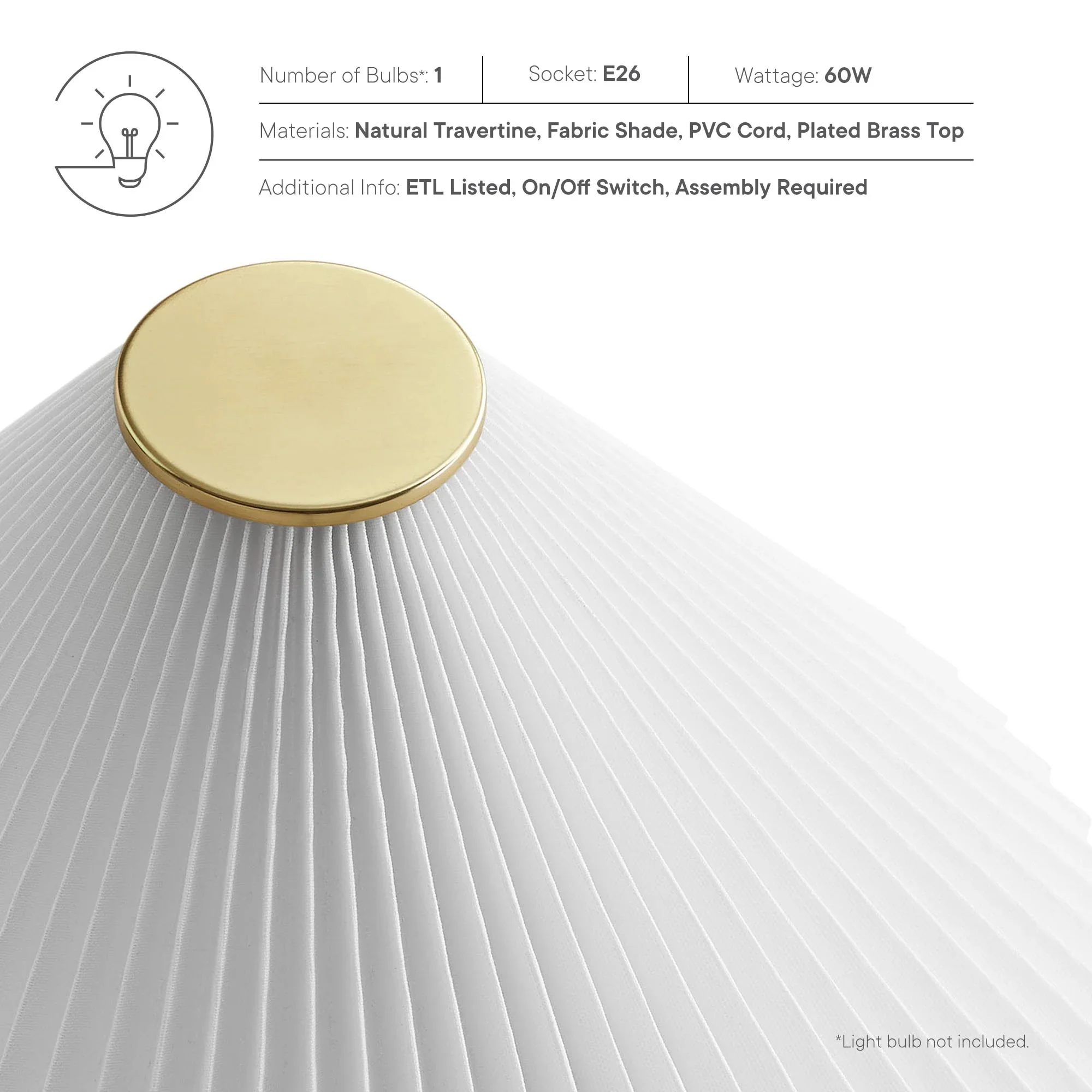 Cove Travertine Table Lamp With Pleated Shade in Travertine - Image 12