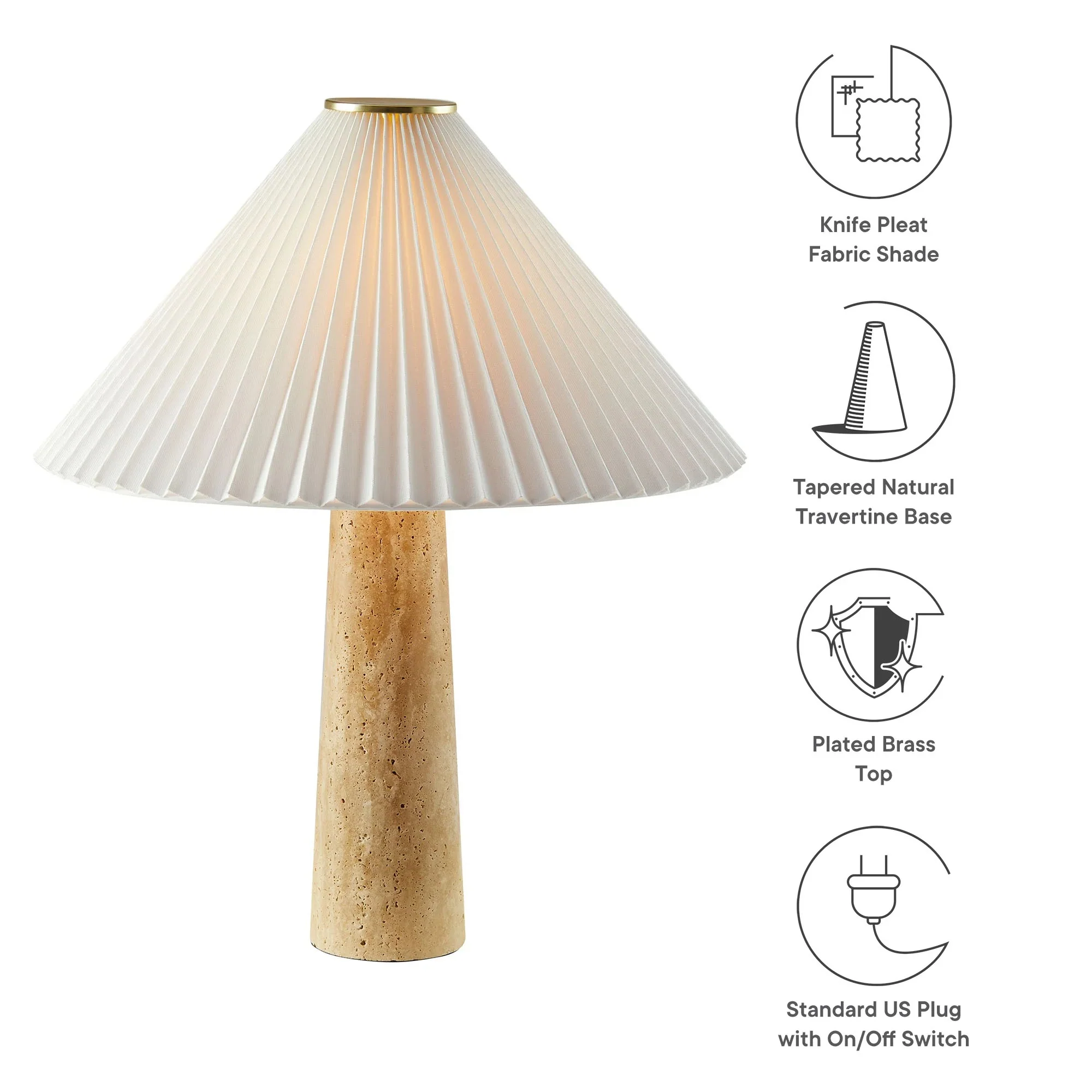Cove Travertine Table Lamp With Pleated Shade in Travertine - Image 13