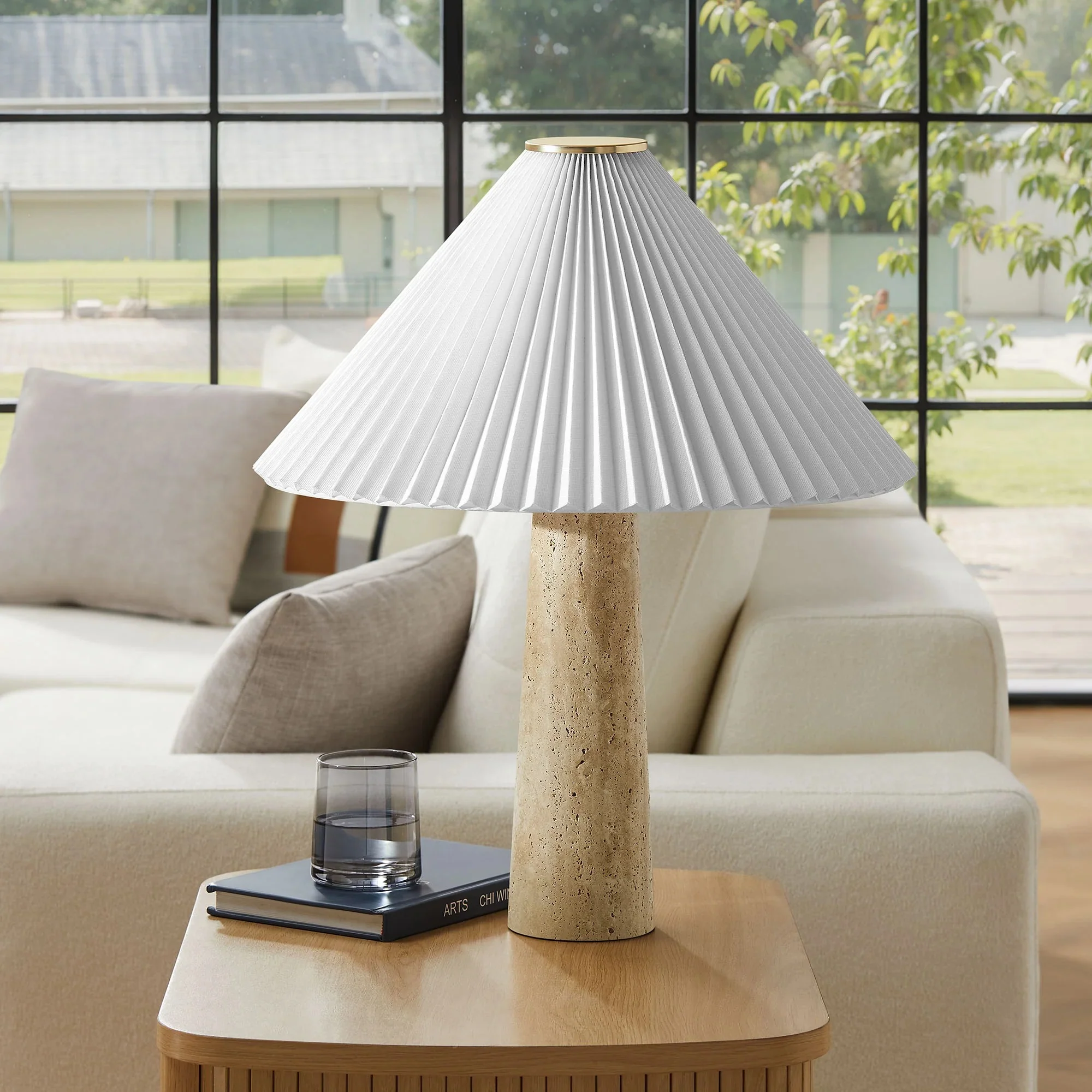 Cove Travertine Table Lamp With Pleated Shade in Travertine - Image 3