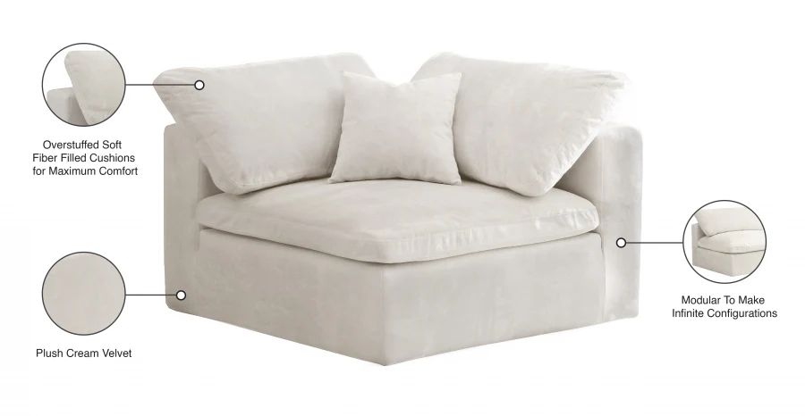 Cozy Velvet Upholstered Overstuffed Fiber Filled Comfort Comfort Corner Modular Chair - Image 19