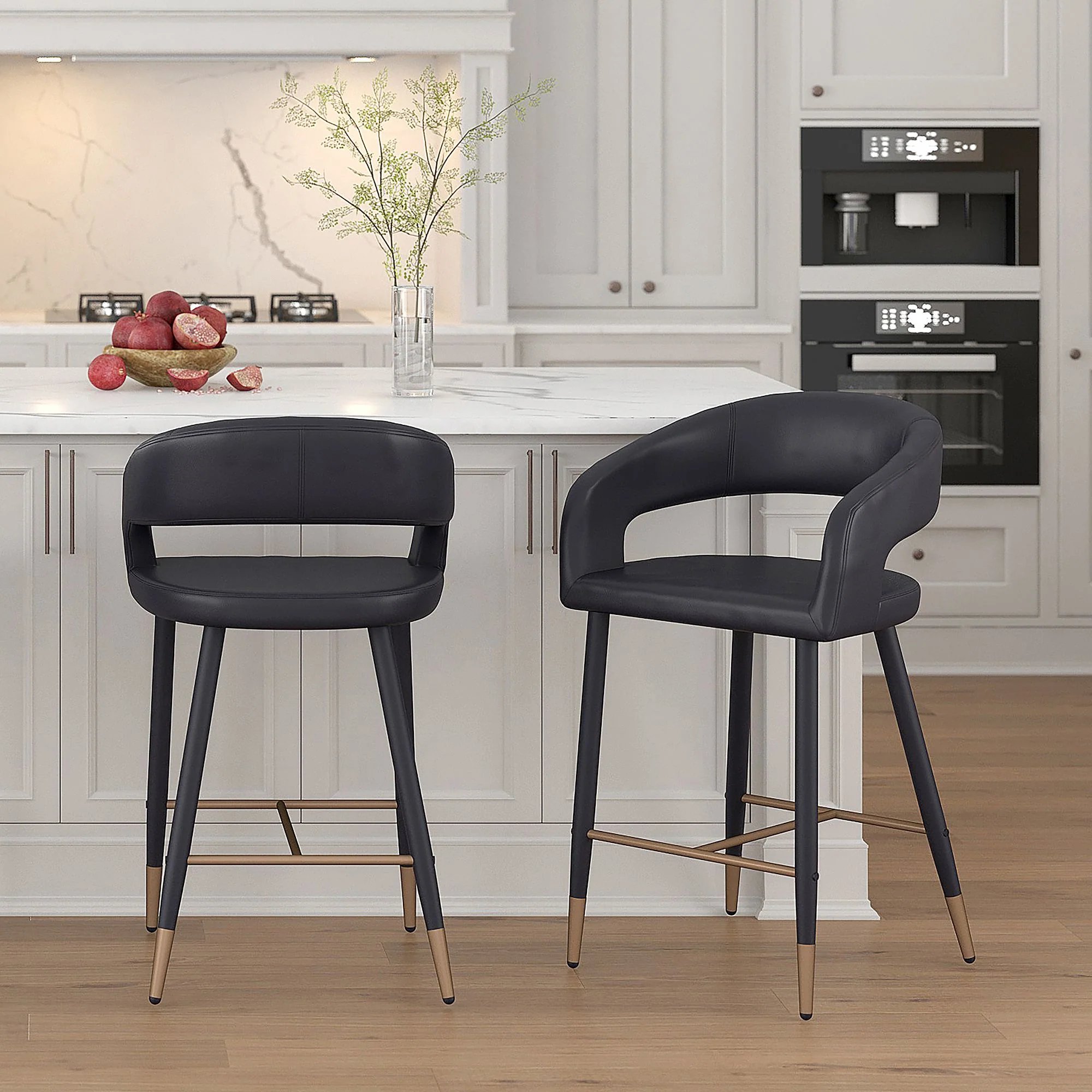 Crimson 26" Counter Stool, set of 2, in Black Faux Leather and Black and Aged Gold - Image 2