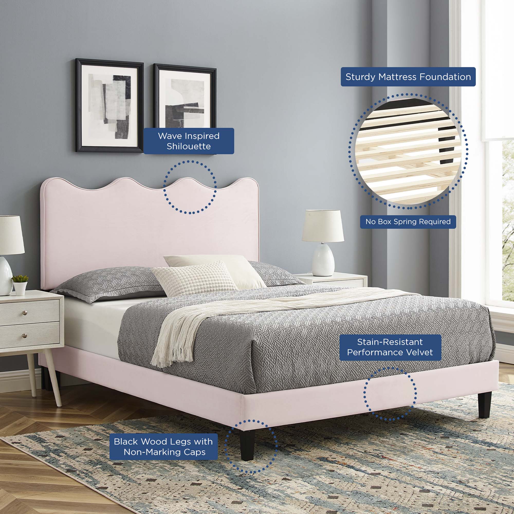 Current Performance Velvet Platform Bed With Black Wood Legs - Image 11