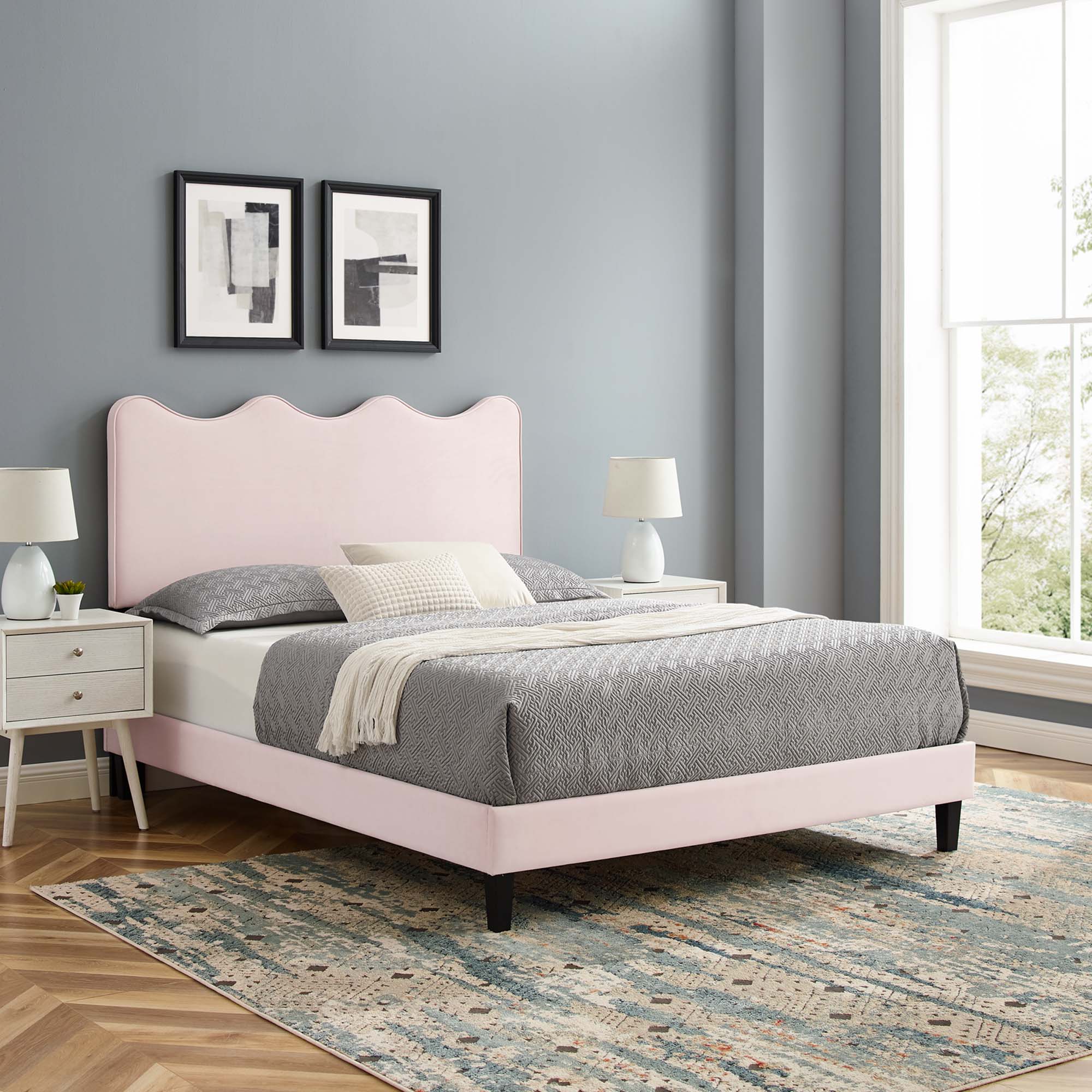Current Performance Velvet Platform Bed With Black Wood Legs - Image 12