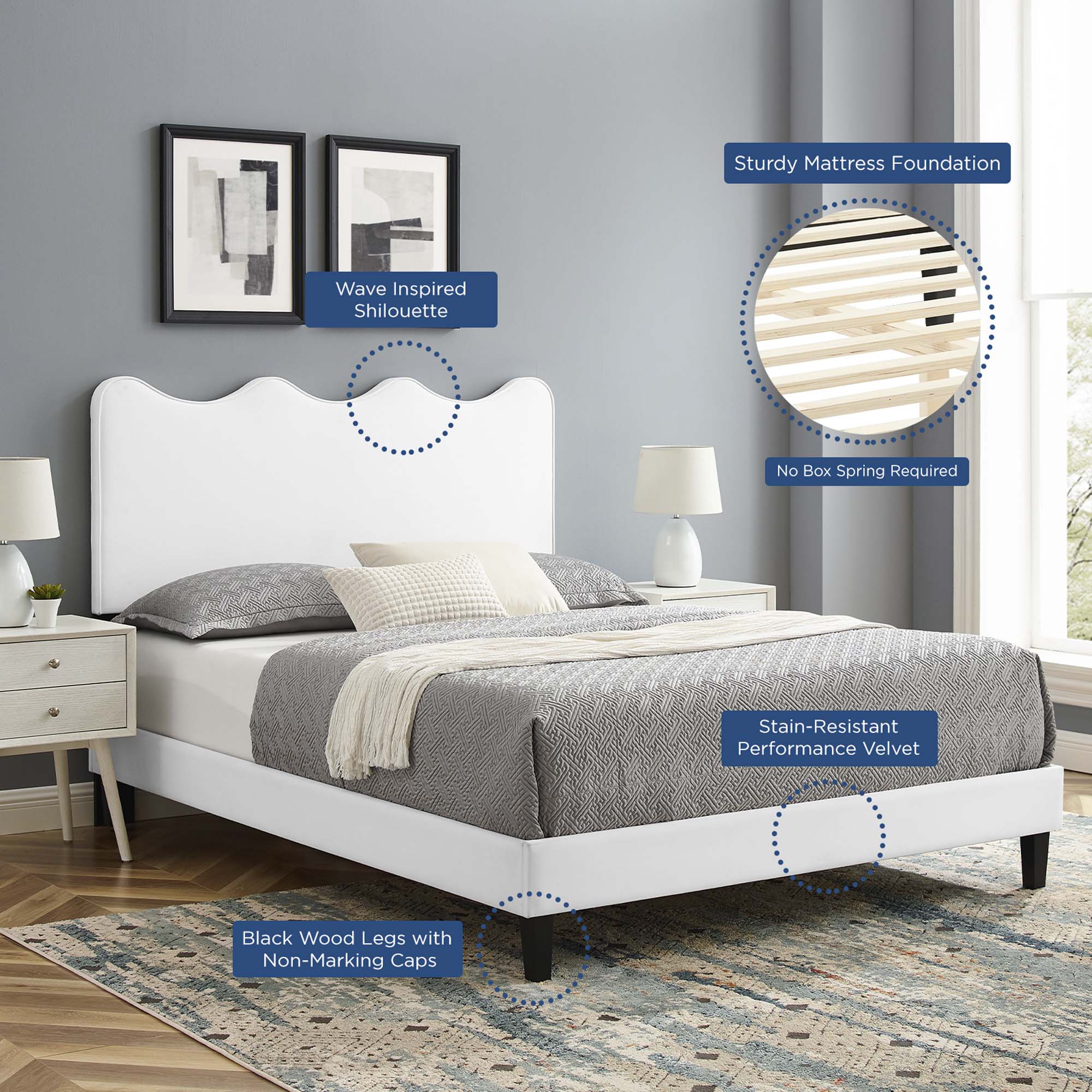 Current Performance Velvet Platform Bed With Black Wood Legs - Image 23