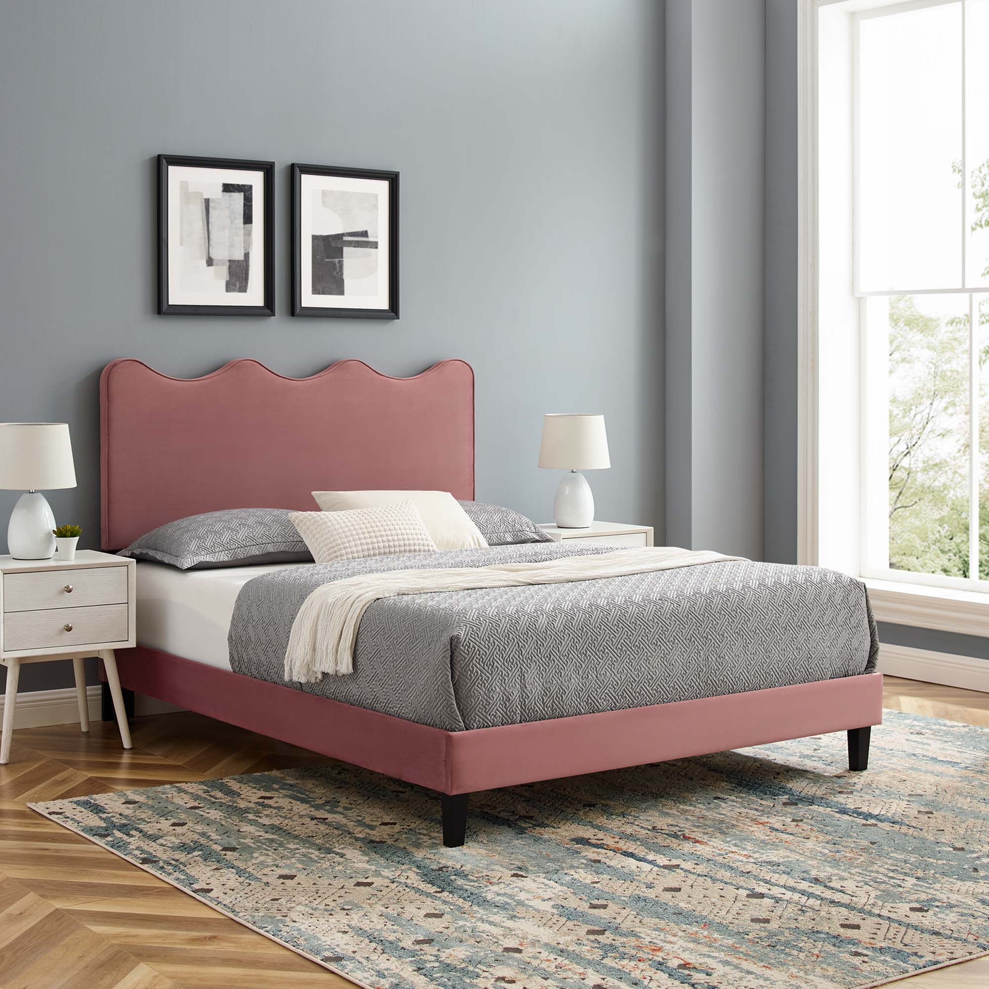 Current Performance Velvet Platform Bed With Black Wood Legs - Image 36