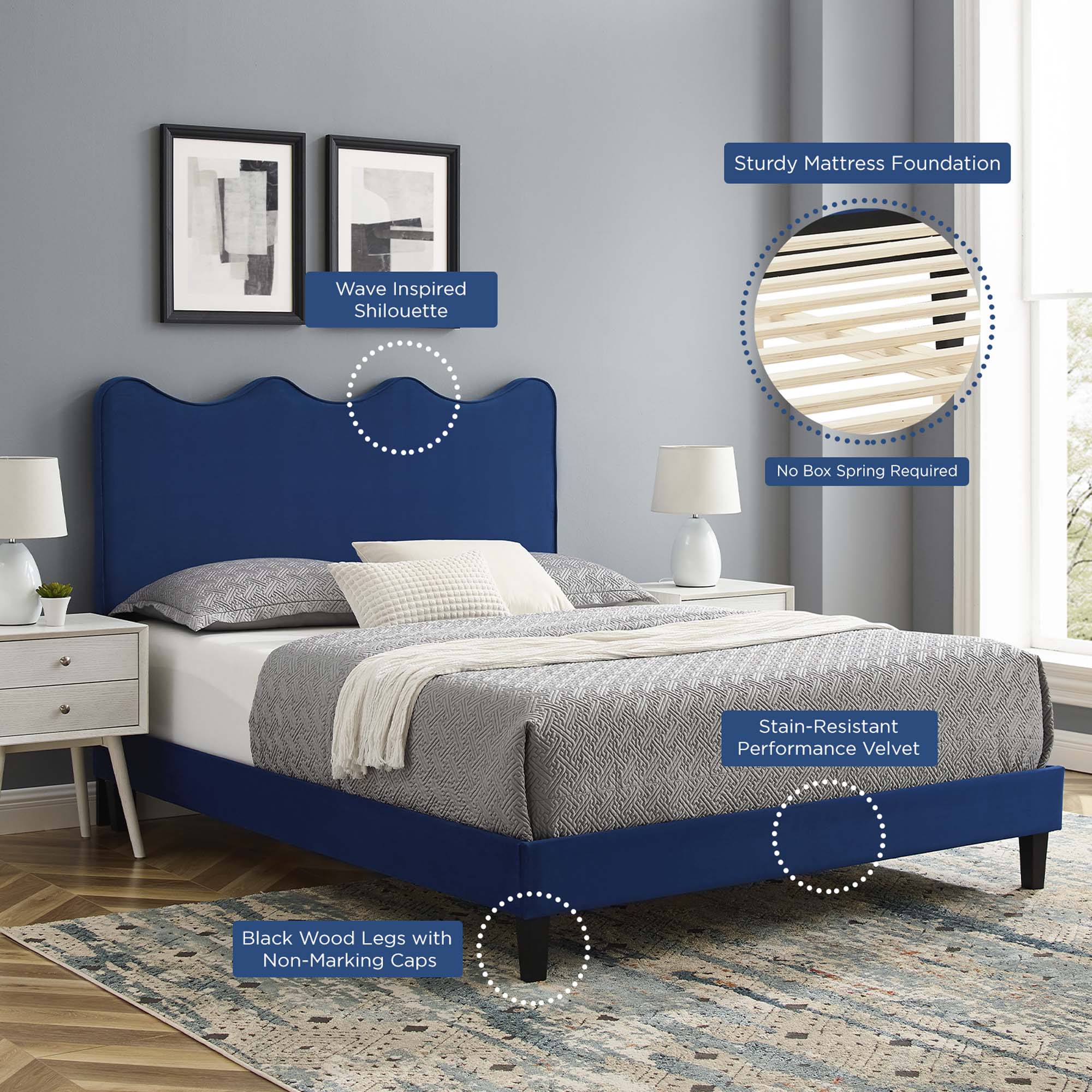 Current Performance Velvet Platform Bed With Black Wood Legs - Image 47
