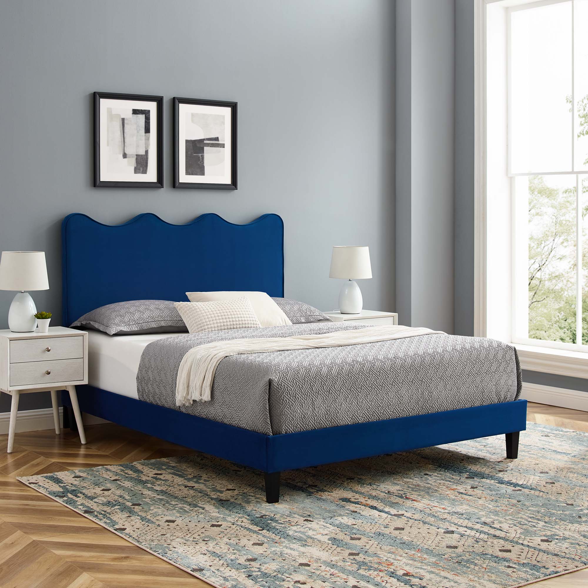 Current Performance Velvet Platform Bed With Black Wood Legs - Image 48