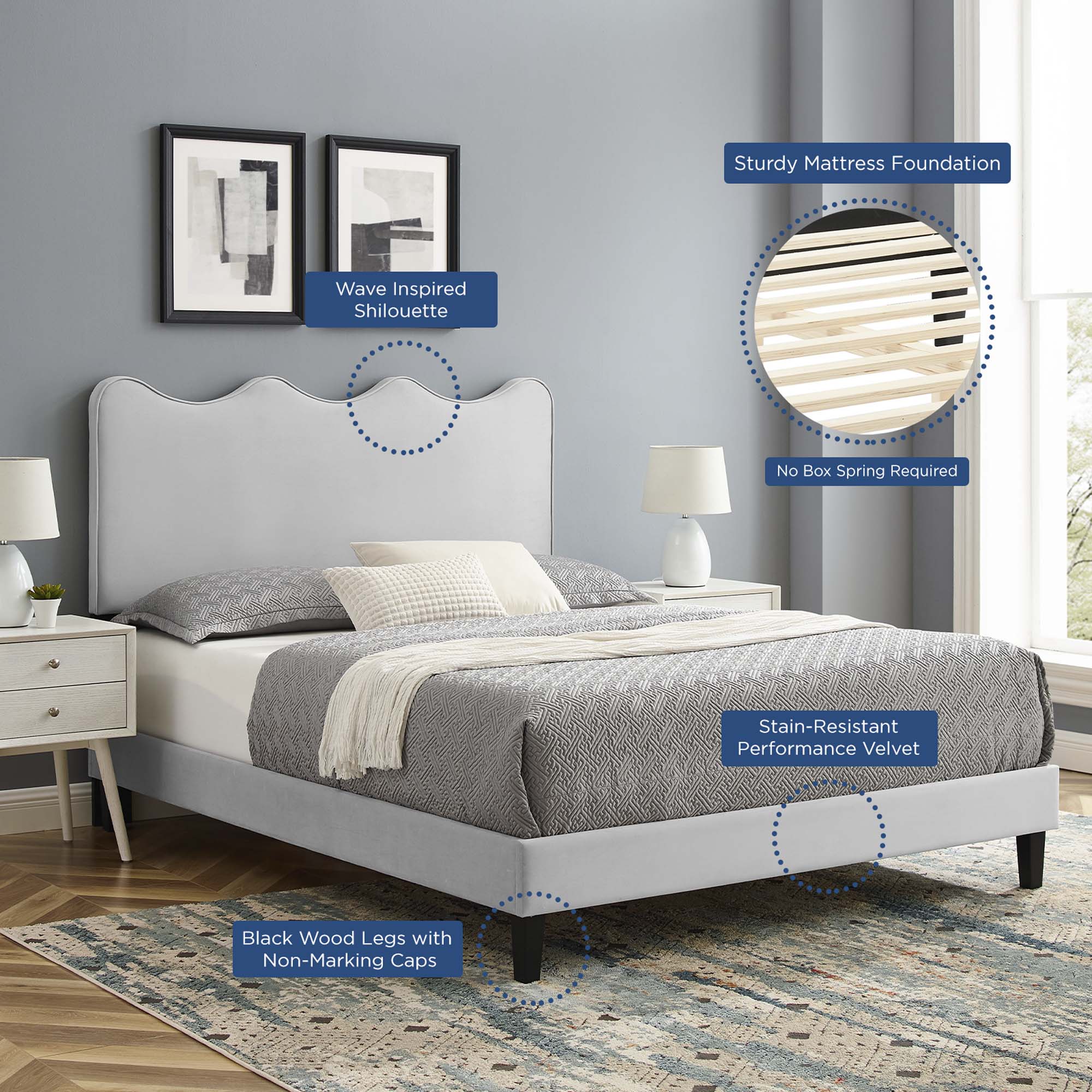 Current Performance Velvet Platform Bed With Black Wood Legs - Image 59