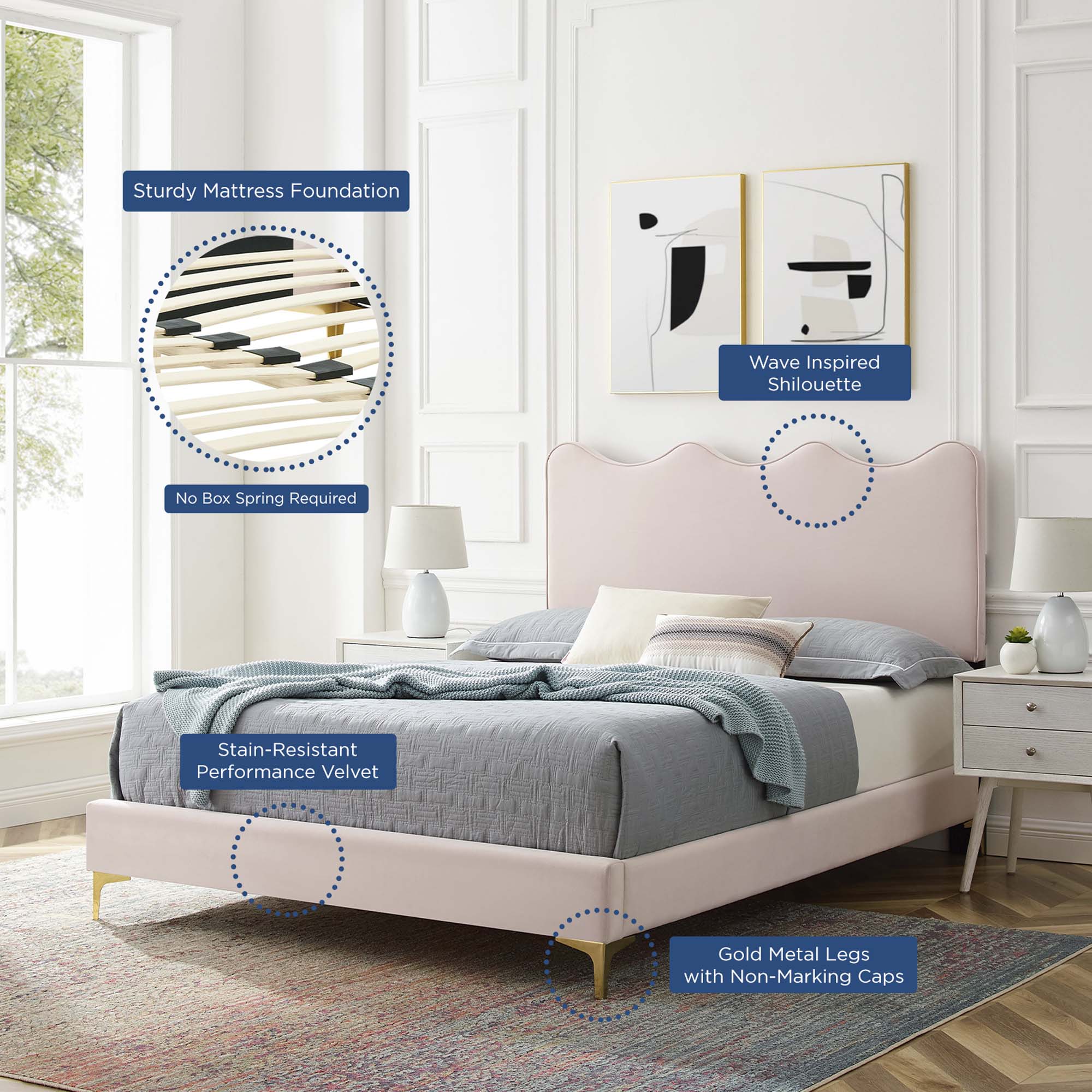 Current Performance Velvet Platform Bed With Gold Metal Legs - Image 23