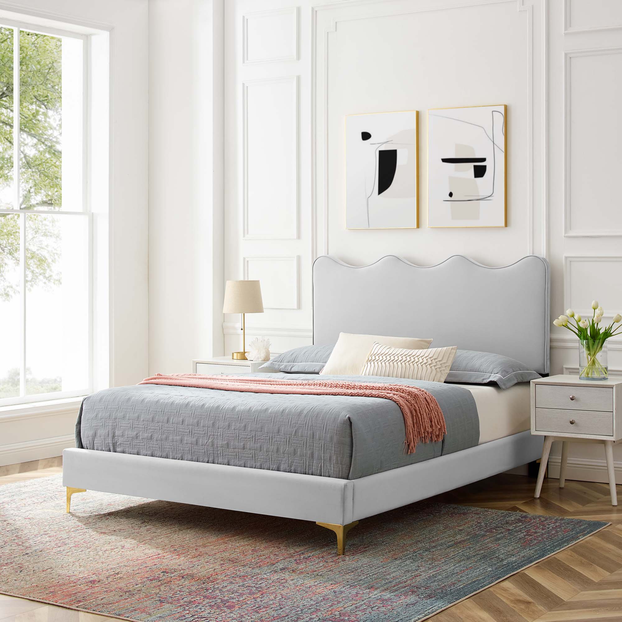 Current Performance Velvet Platform Bed With Gold Metal Legs - Image 47