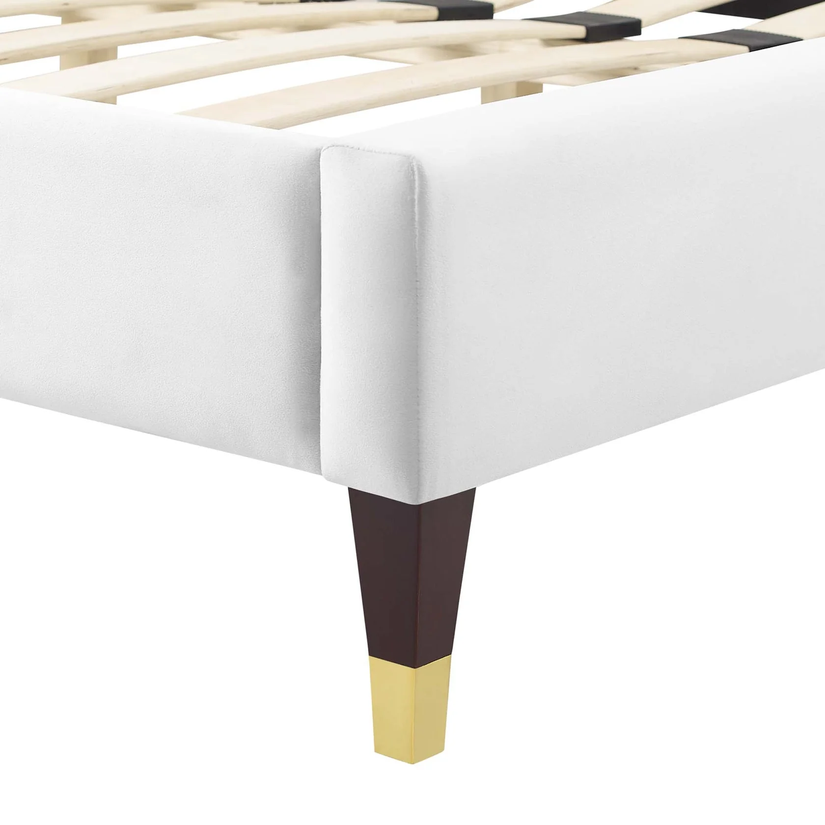 Current Performance Velvet Platform Bed With Wood and Gold Legs - Image 15
