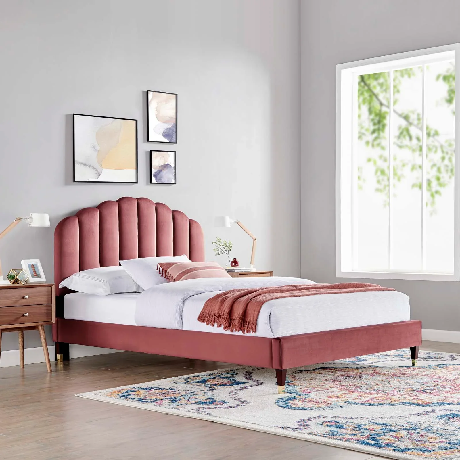 Daisy Performance Velvet Platform Bed Wood and Gold Legs - Image 5