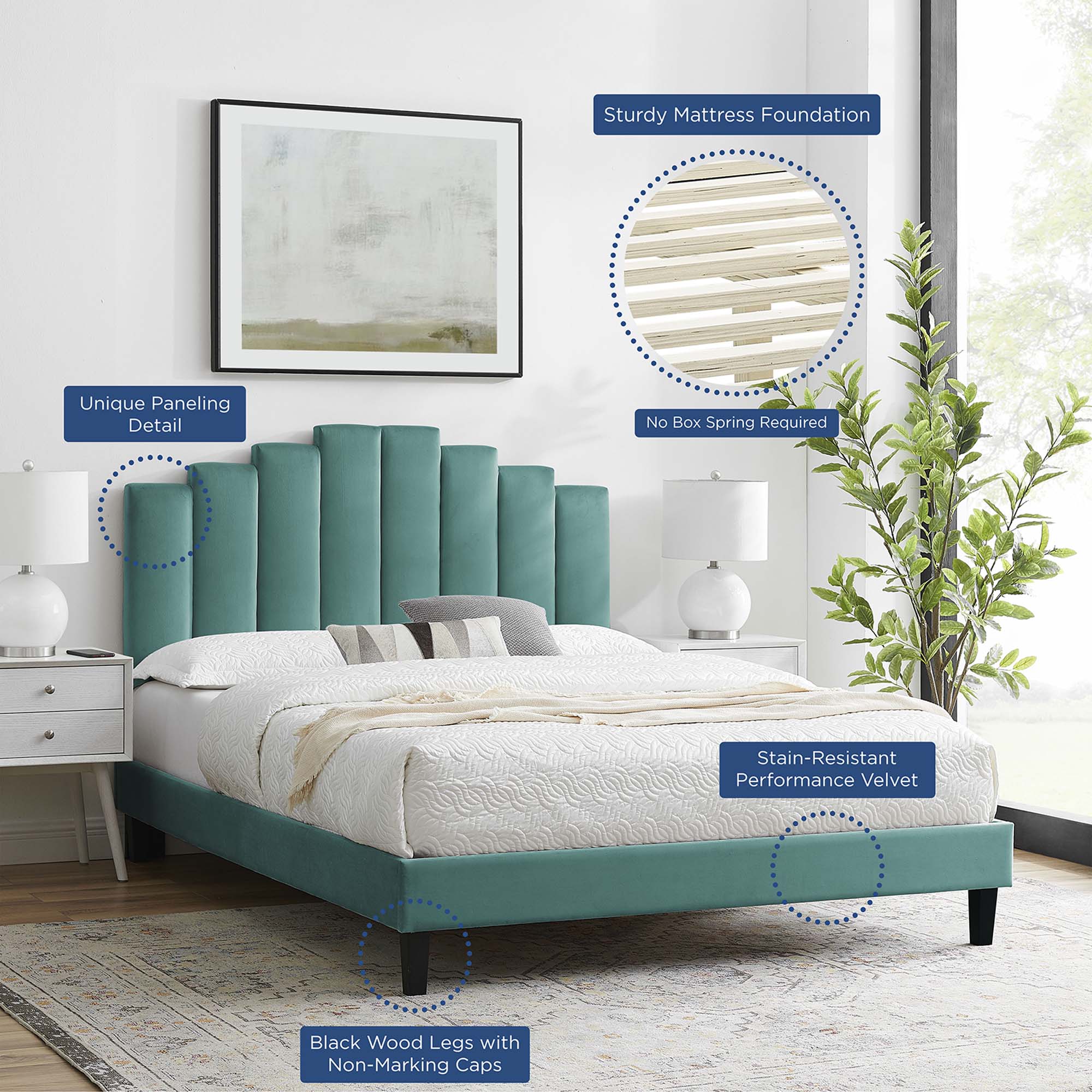 Elise Performance Velvet Platform Bed With Black Wood Legs - Image 59