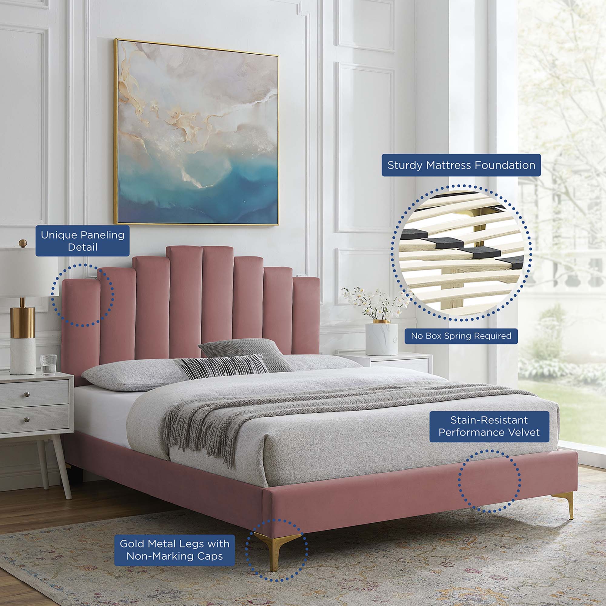 Elise Performance Velvet Platform Bed With Gold Metal Legs - Image 14