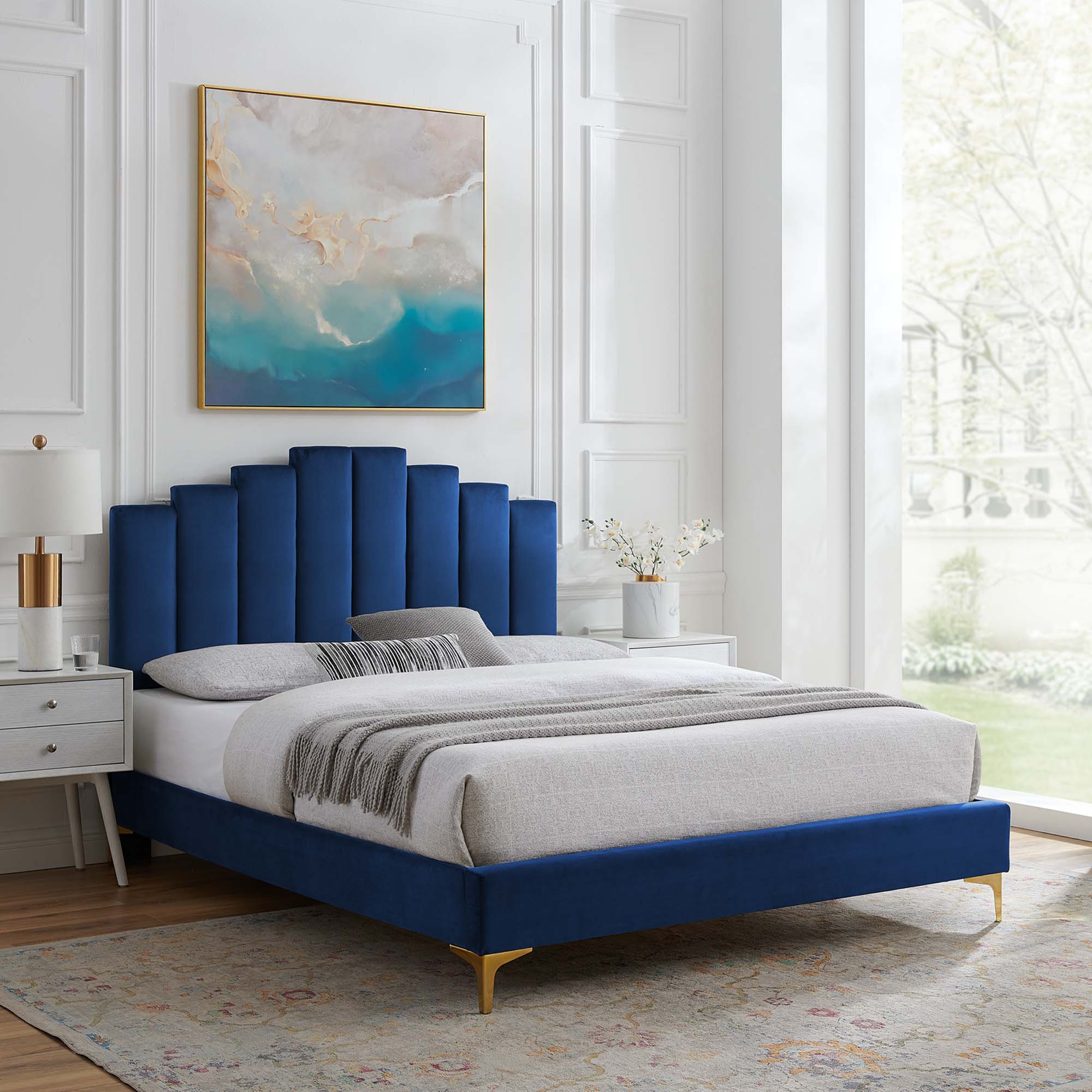 Elise Performance Velvet Platform Bed With Gold Metal Legs - Image 30