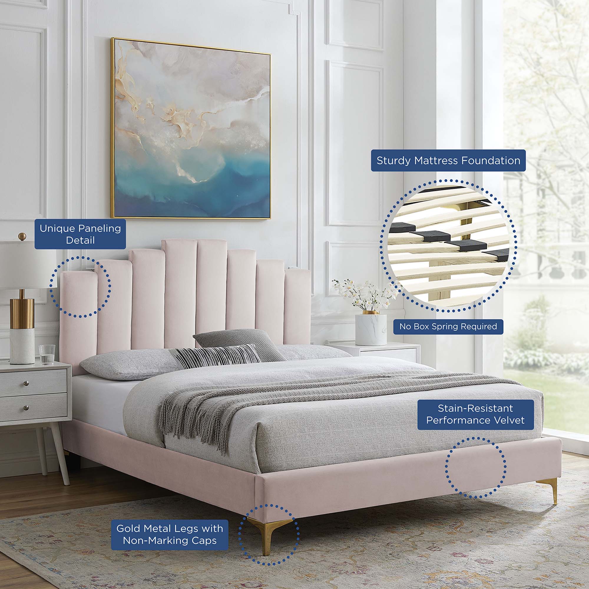 Elise Performance Velvet Platform Bed With Gold Metal Legs - Image 44