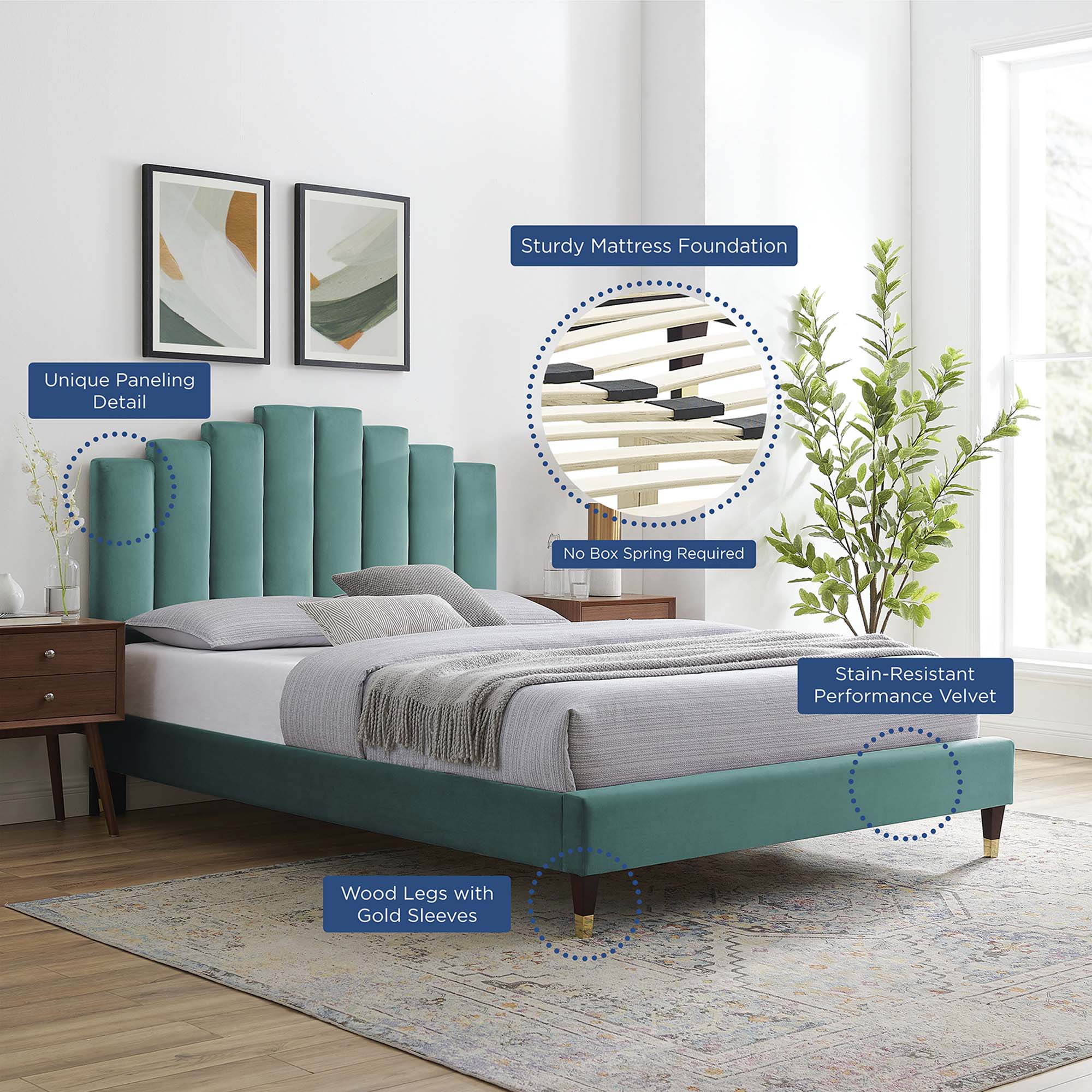 Elise Performance Velvet Platform Bed With Wood and Gold Legs - Image 12