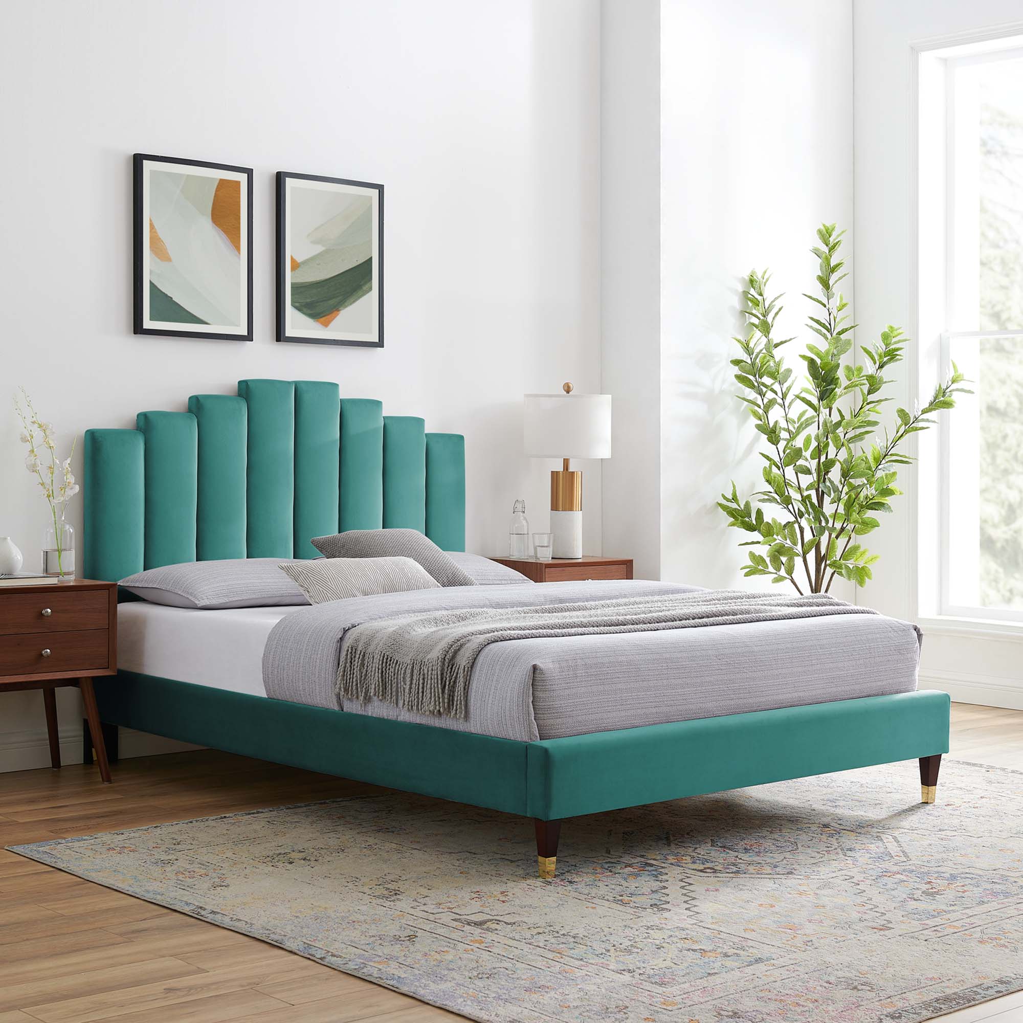 Elise Performance Velvet Platform Bed With Wood and Gold Legs - Image 13
