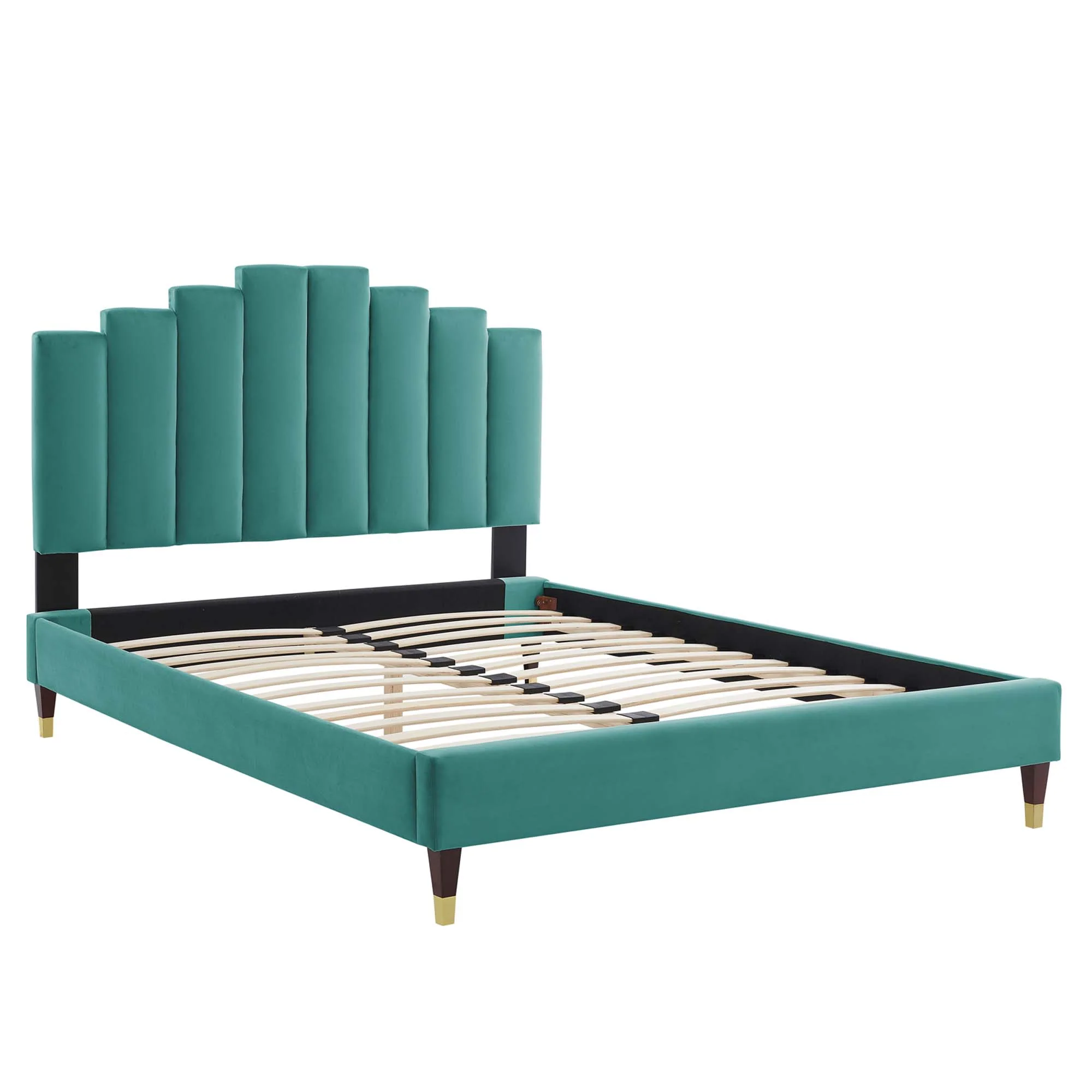 Elise Performance Velvet Platform Bed With Wood and Gold Legs - Image 2