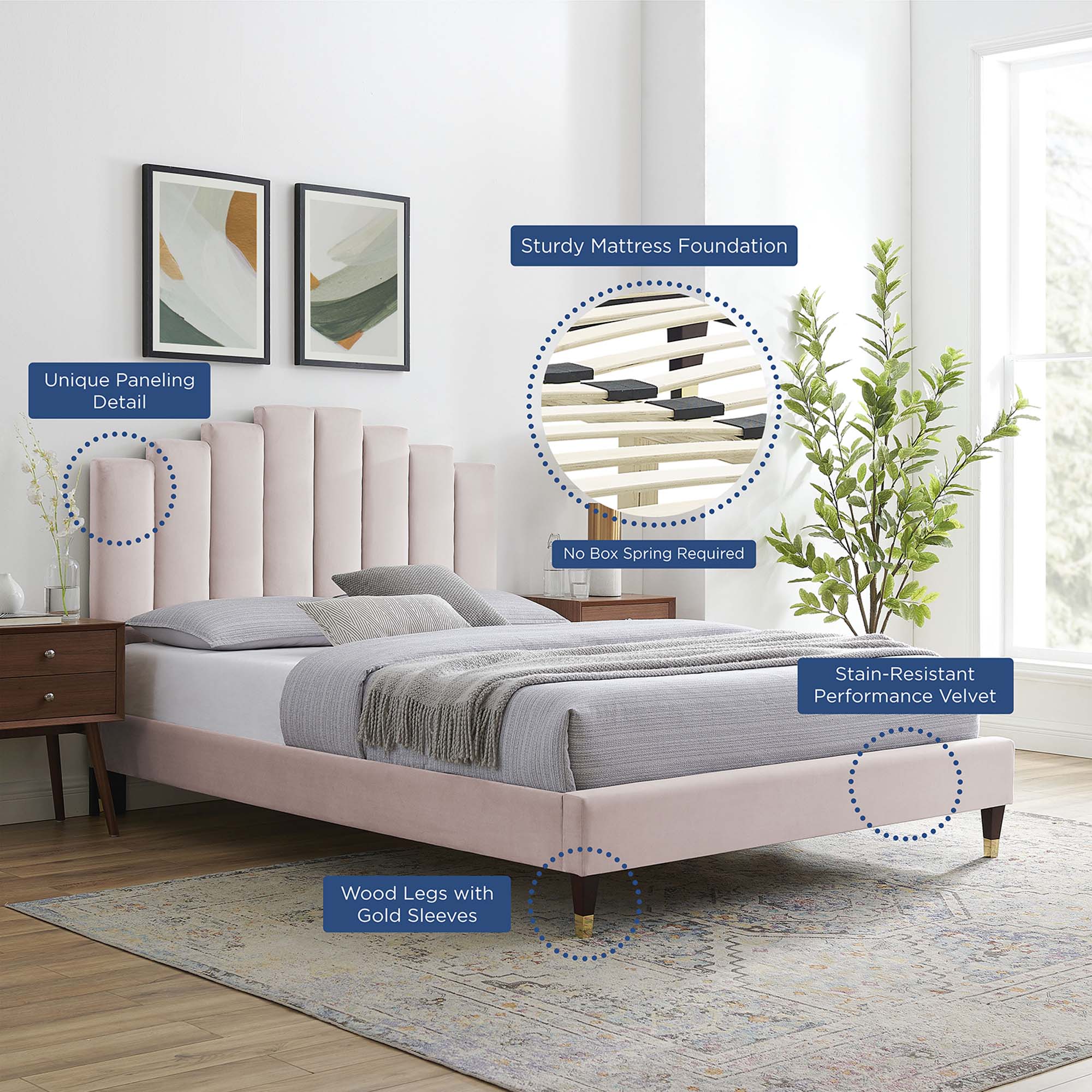 Elise Performance Velvet Platform Bed With Wood and Gold Legs - Image 25