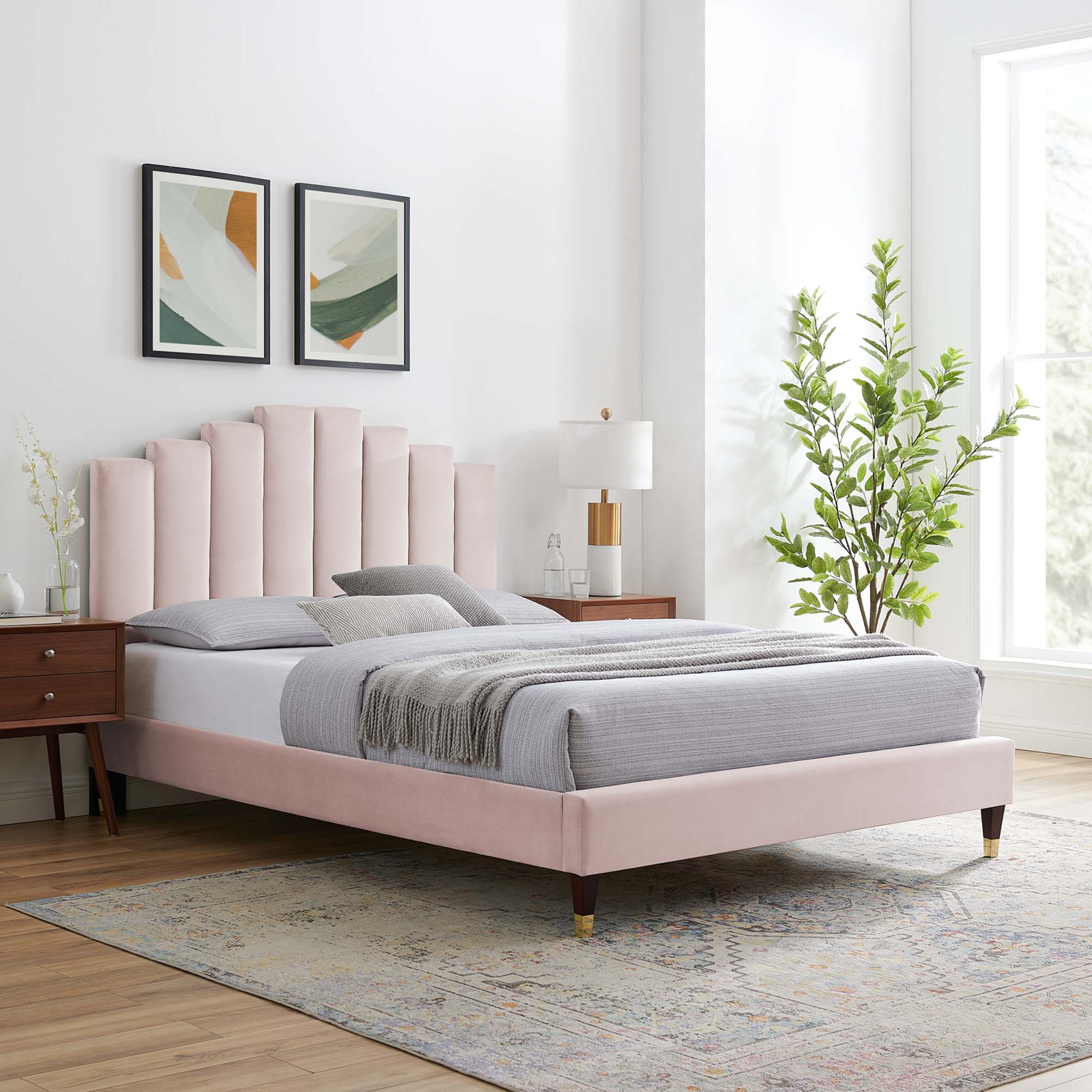 Elise Performance Velvet Platform Bed With Wood and Gold Legs - Image 26
