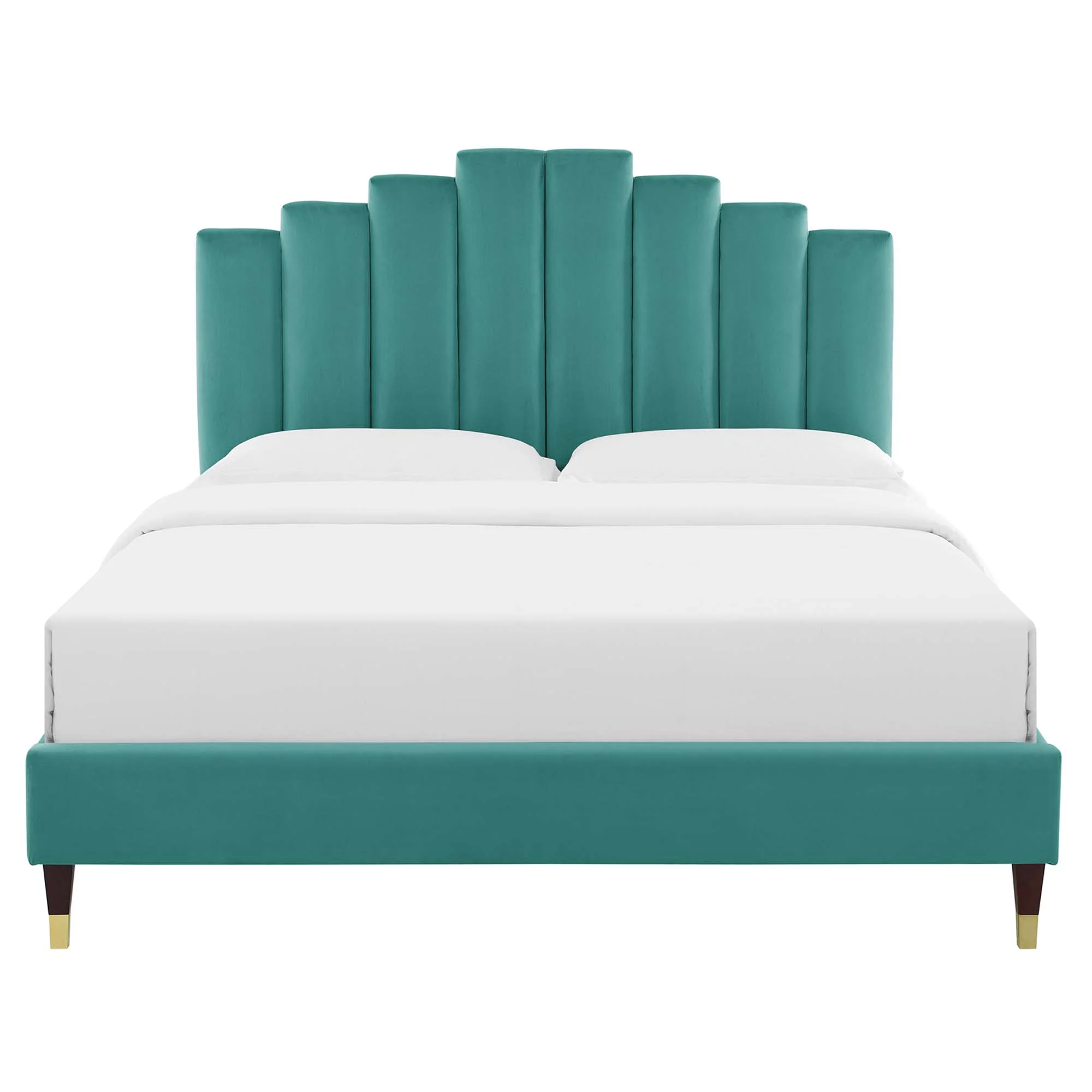 Elise Performance Velvet Platform Bed With Wood and Gold Legs - Image 4