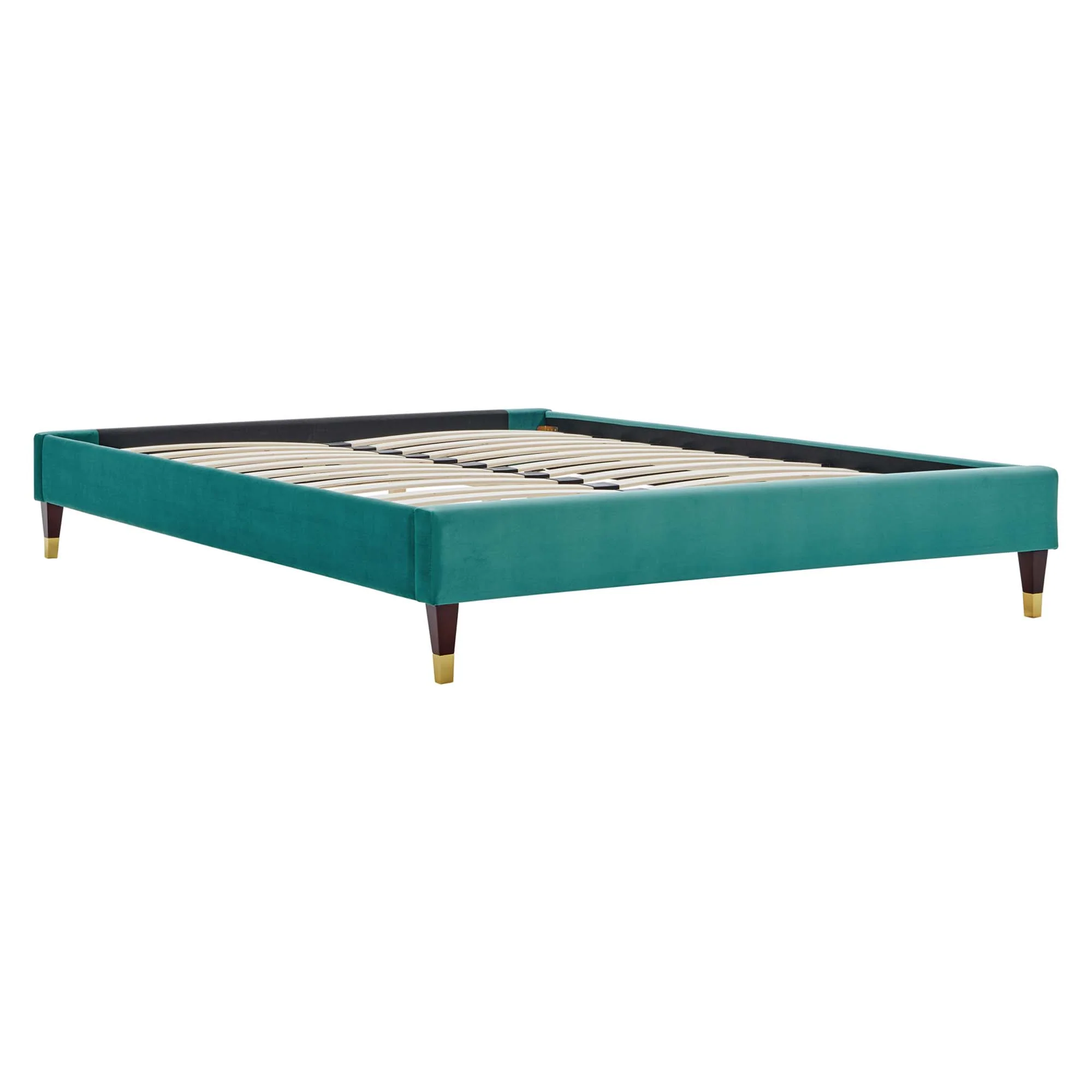 Elise Performance Velvet Platform Bed With Wood and Gold Legs - Image 5