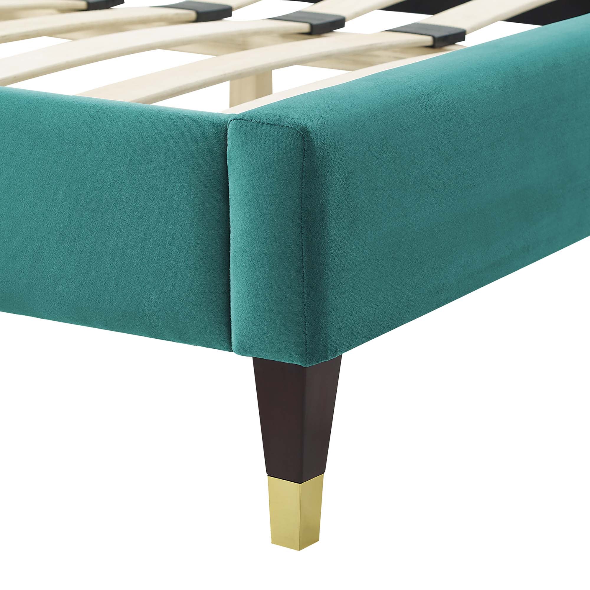 Elise Performance Velvet Platform Bed With Wood and Gold Legs - Image 8