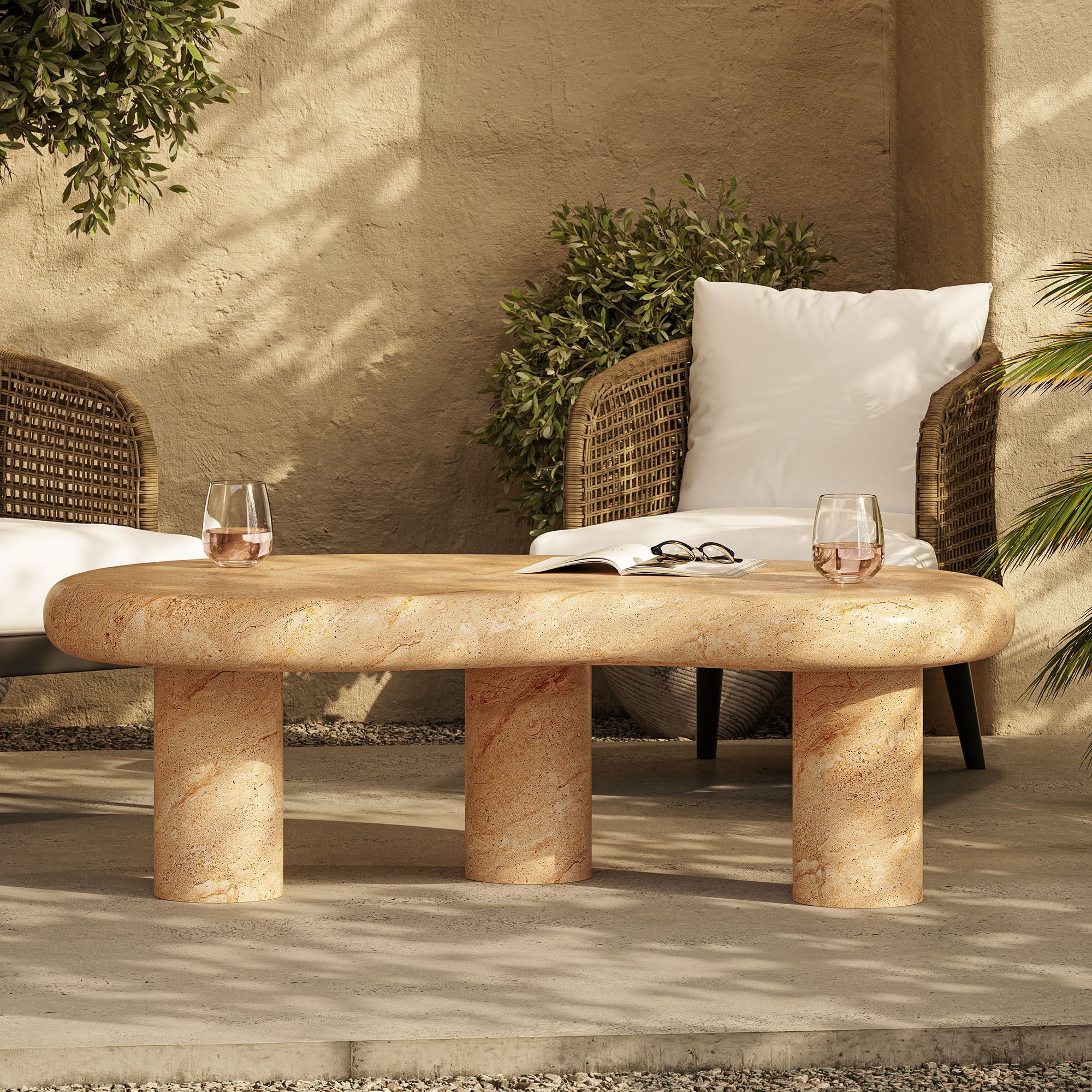 Elowen Indoor - Outdoor Textured Faux Travertine Coffee Table - Image 2