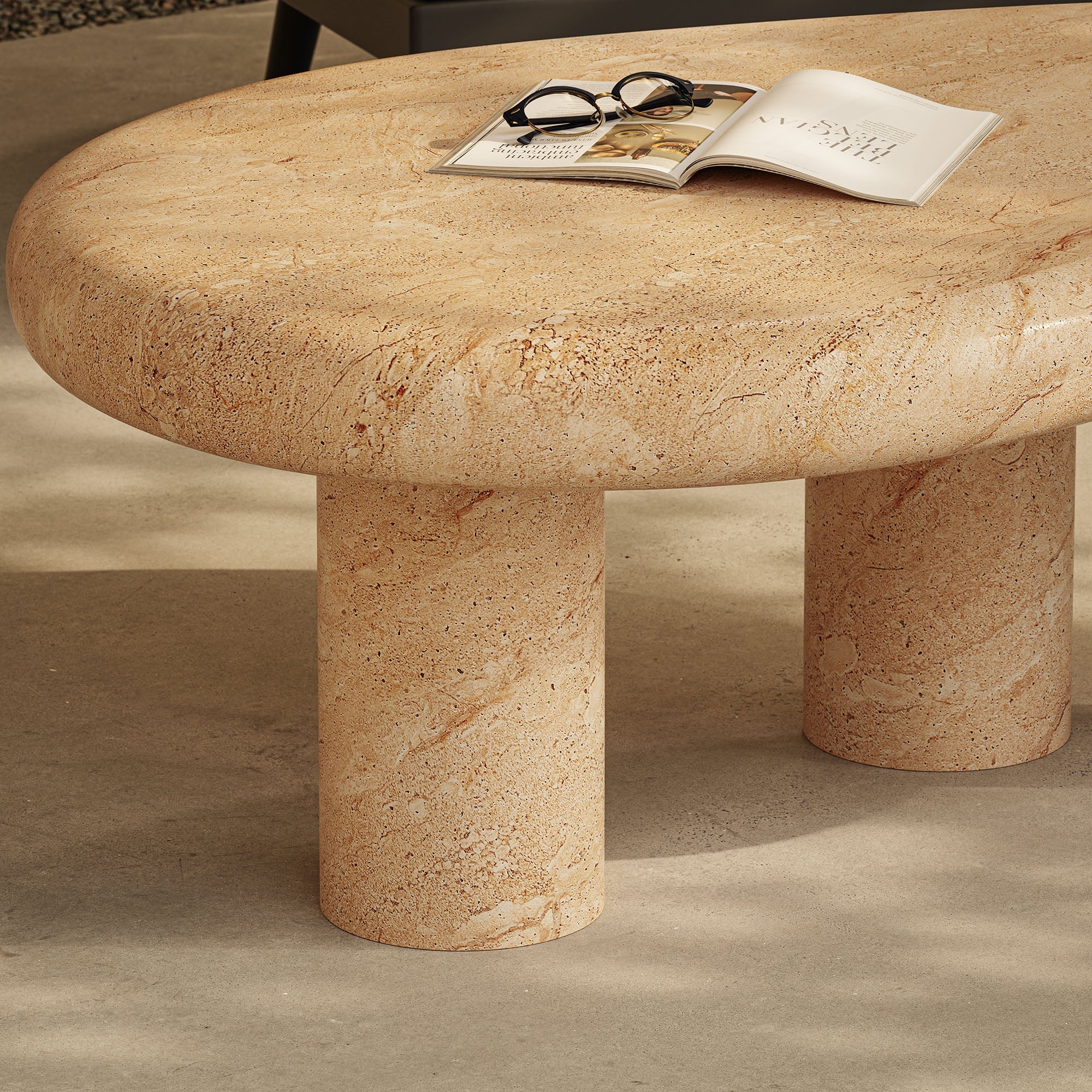 Elowen Indoor - Outdoor Textured Faux Travertine Coffee Table - Image 3