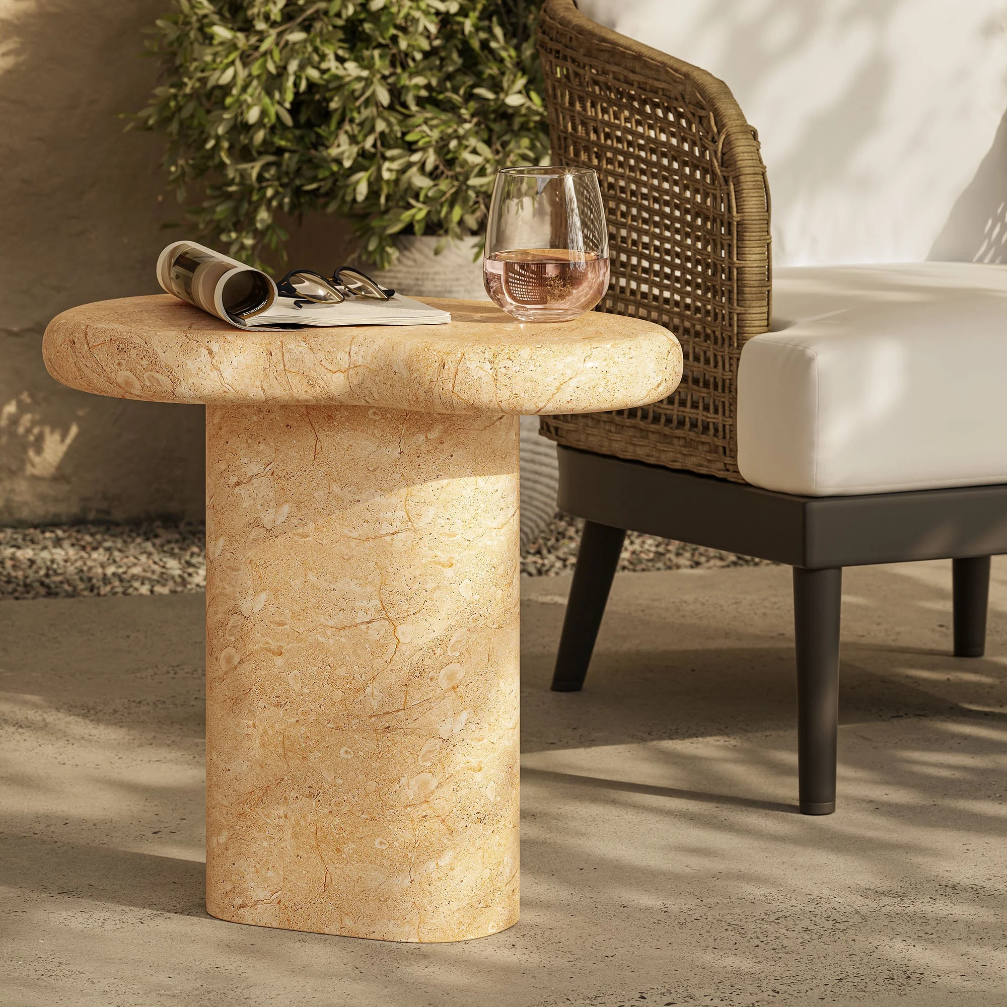 Elowen Indoor - Outdoor Textured Faux Travertine Side Table - Image 2