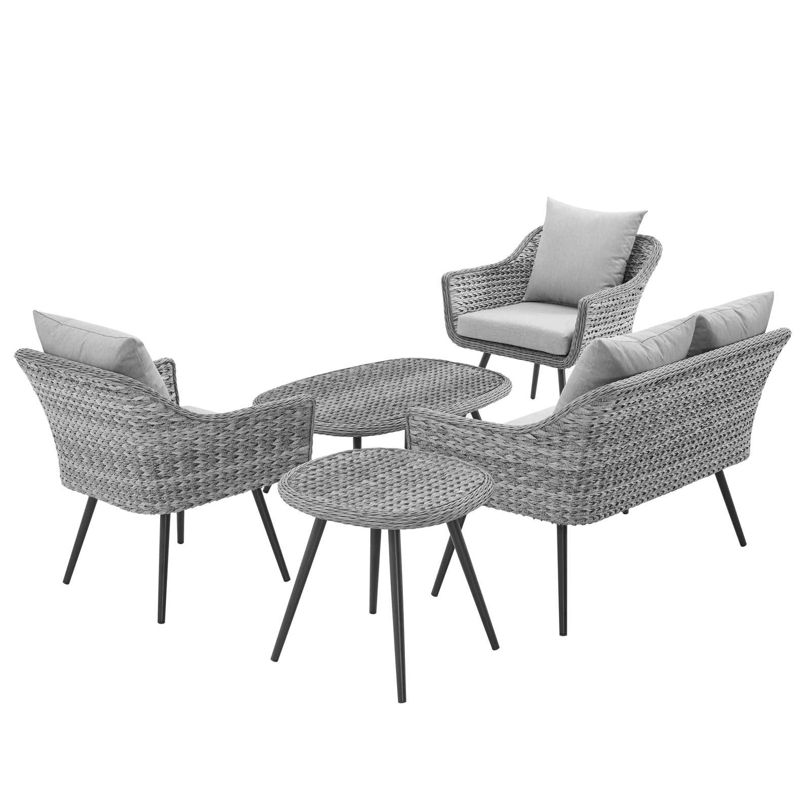 Endeavor 5 Piece Outdoor Patio Wicker Rattan Loveseat Armchair Coffee + Side Table Set in Gray Gray - Image 3