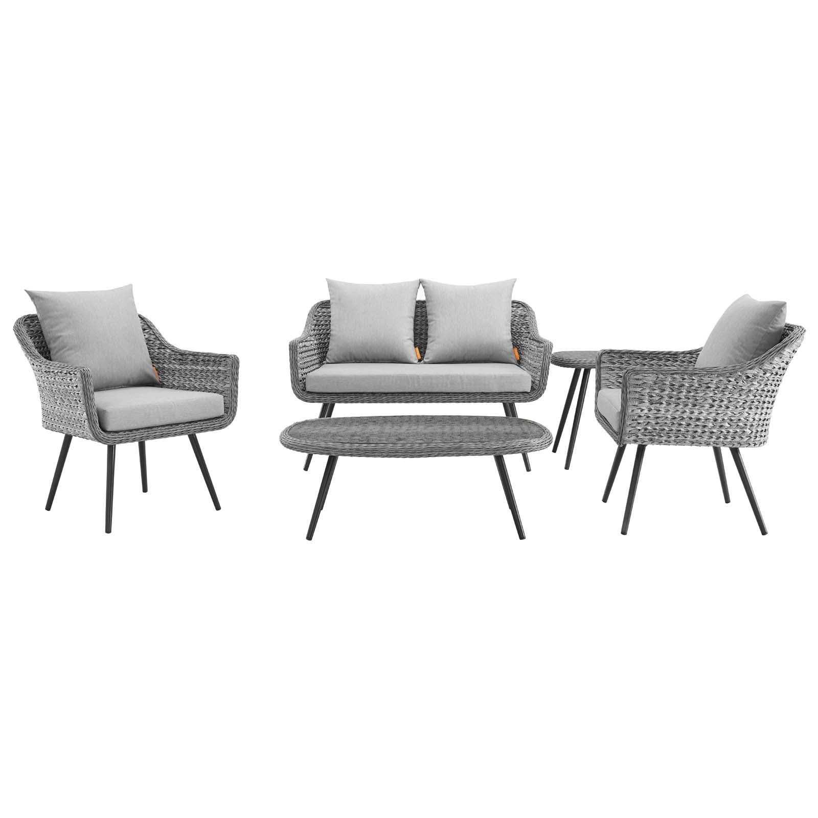 Endeavor 5 Piece Outdoor Patio Wicker Rattan Loveseat Armchair Coffee + Side Table Set in Gray Gray - Image 4