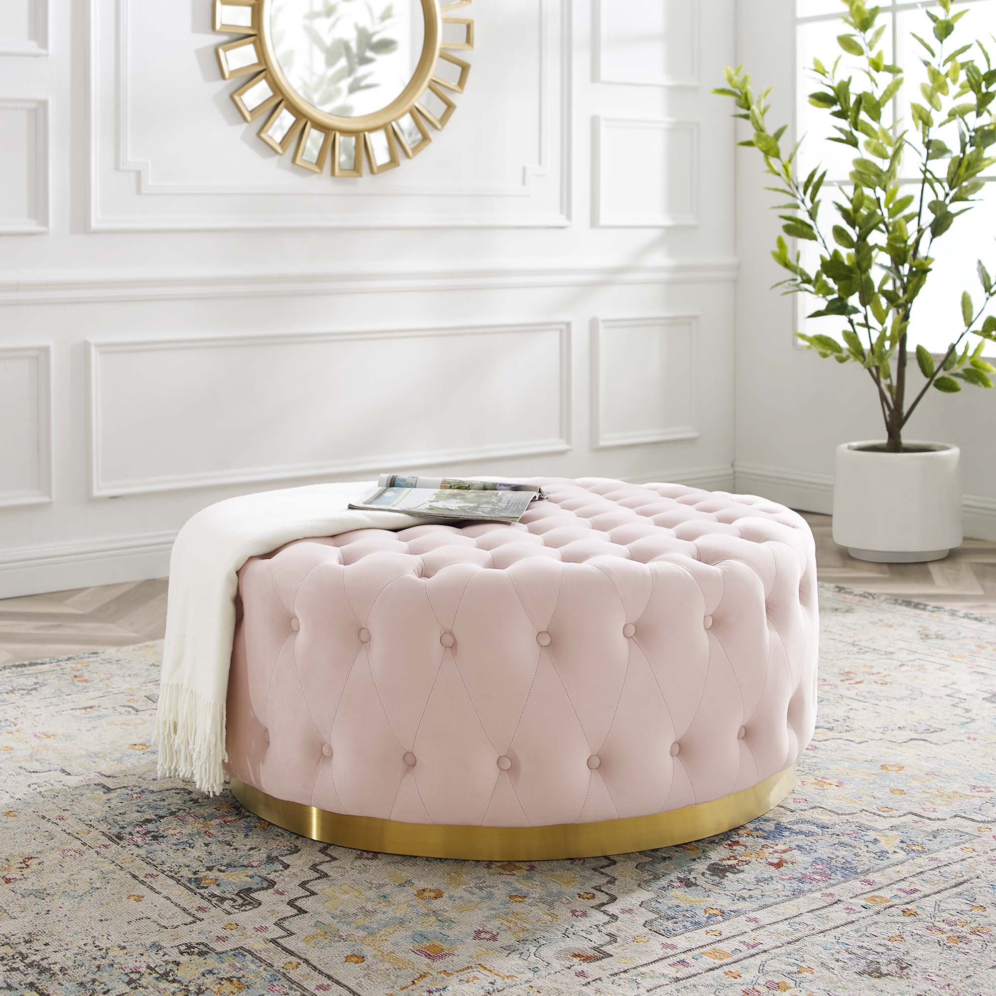 Ensconce Tufted Performance Velvet Round Ottoman - Image 2
