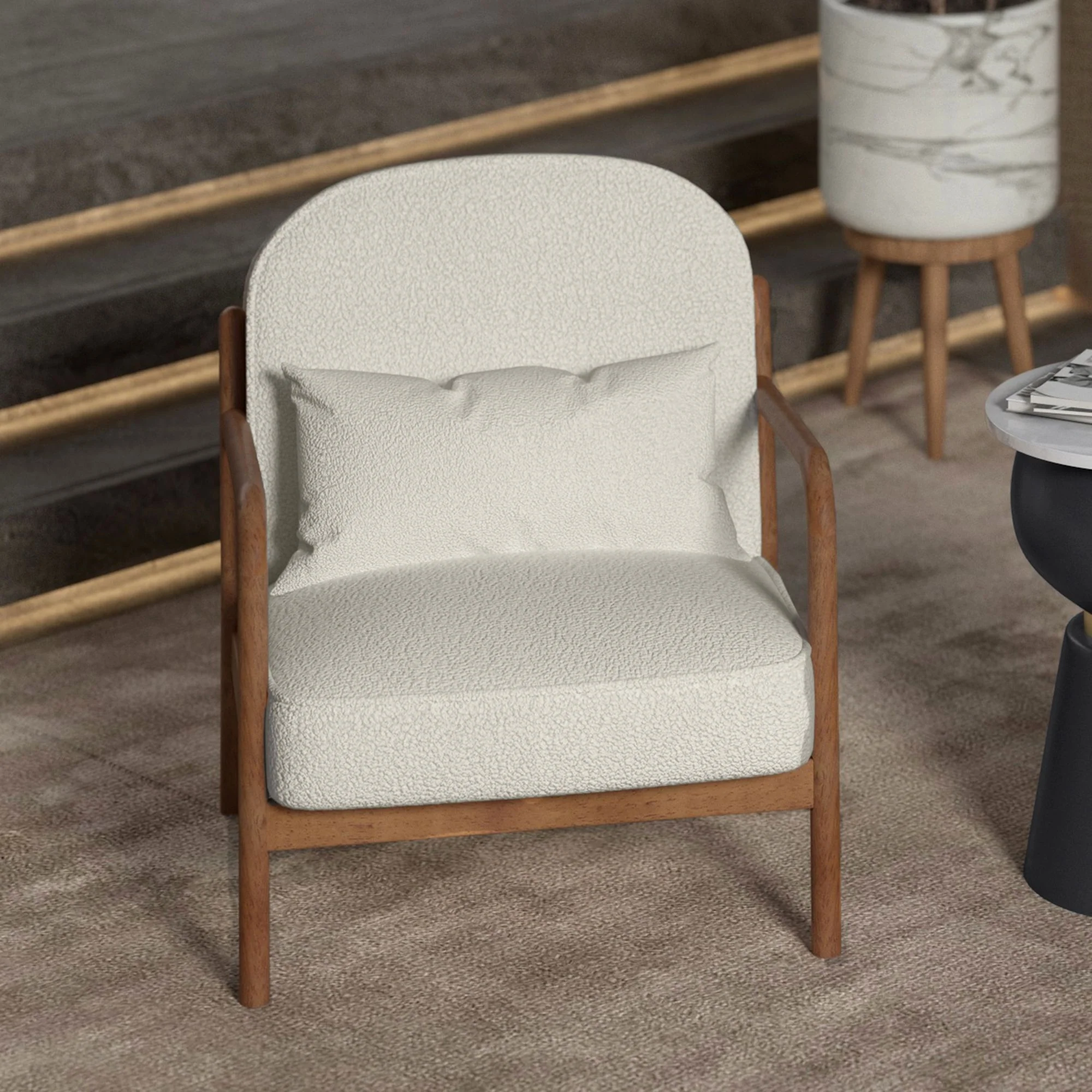 Fani Accent Chair, Fabric in White Boucle and Walnut - Image 2