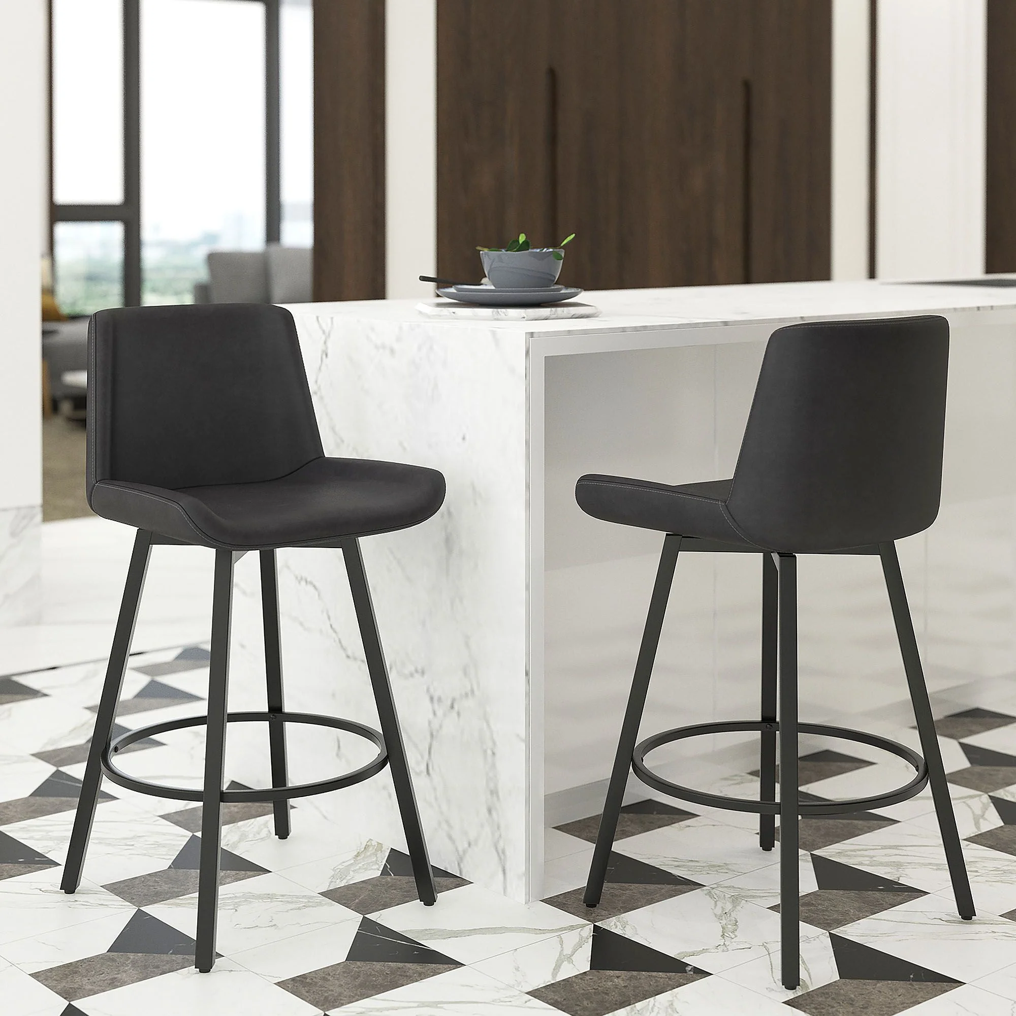 Fern 26" Counter Stool, set of 2, with Swivel in Vintage Charcoal Faux Leather and Black - Image 2