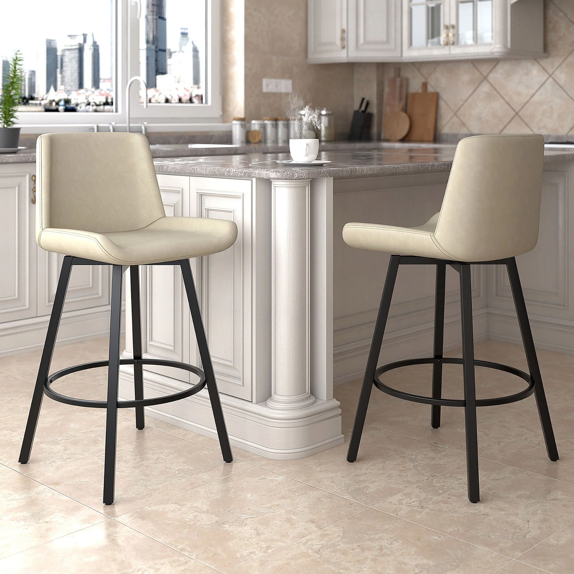 Fern 26" Counter Stool, set of 2, with Swivel in Vintage Ivory Faux Leather and Black - Image 2