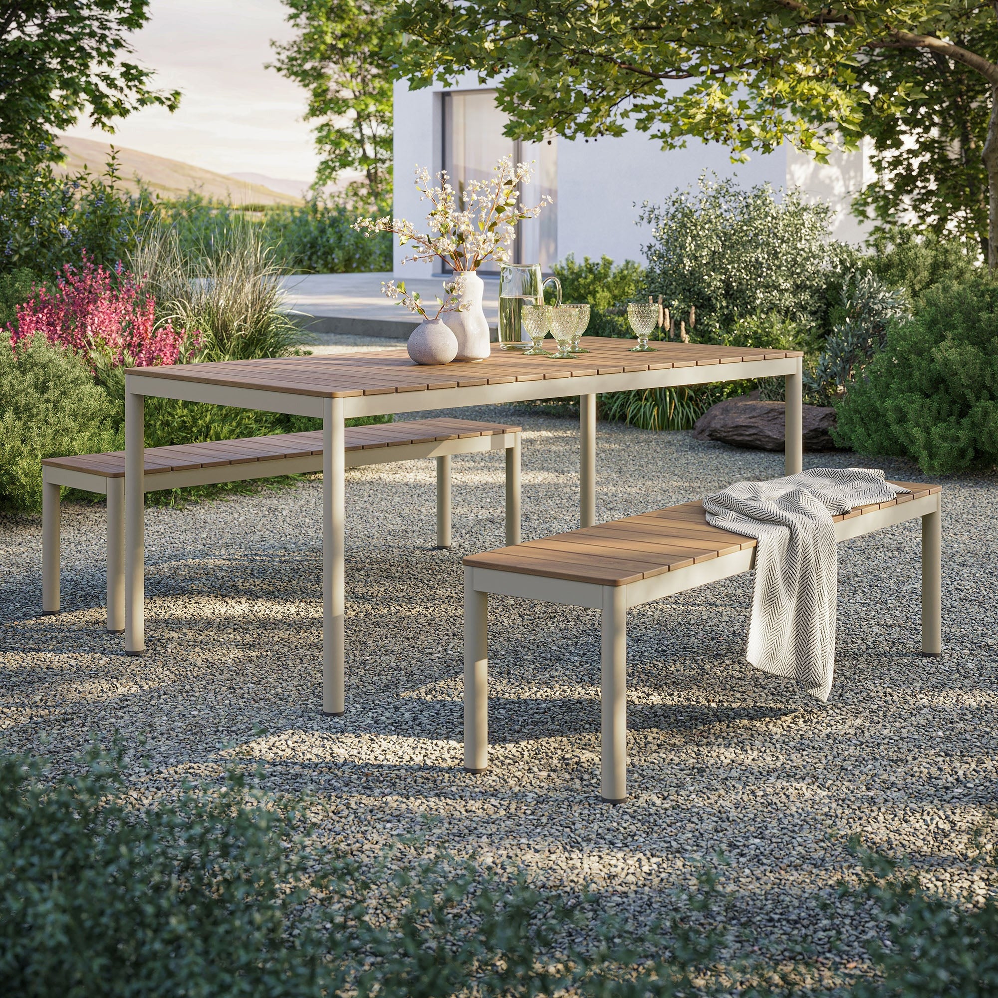 Finn Outdoor Patio Aluminum Faux Wood Dining Set with Benches in Natural - Image 2
