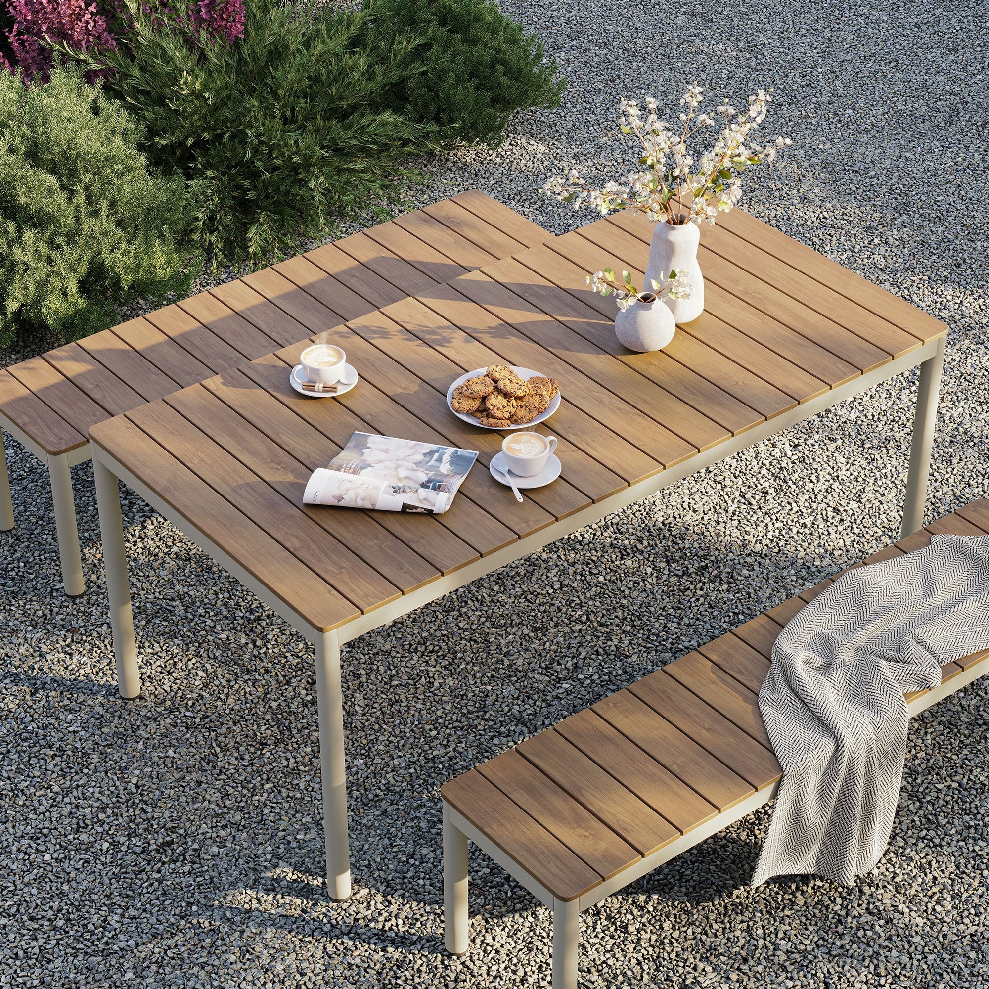 Finn Outdoor Patio Aluminum Faux Wood Dining Set with Benches in Natural - Image 3