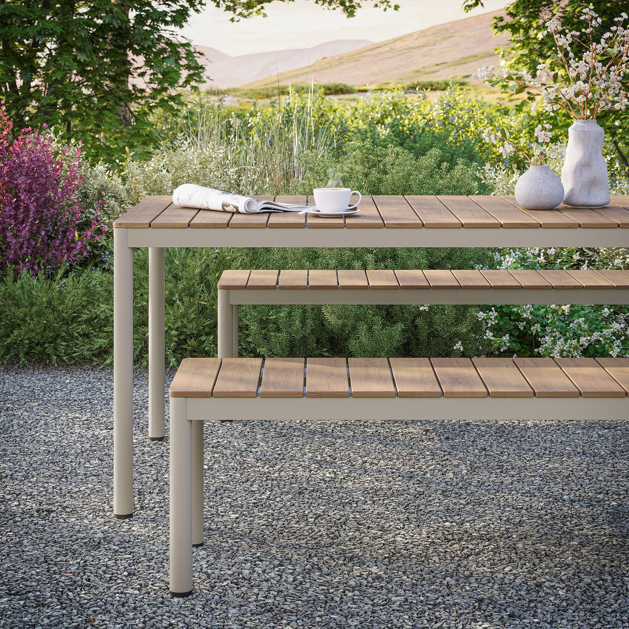 Finn Outdoor Patio Aluminum Faux Wood Dining Set with Benches in Natural - Image 4