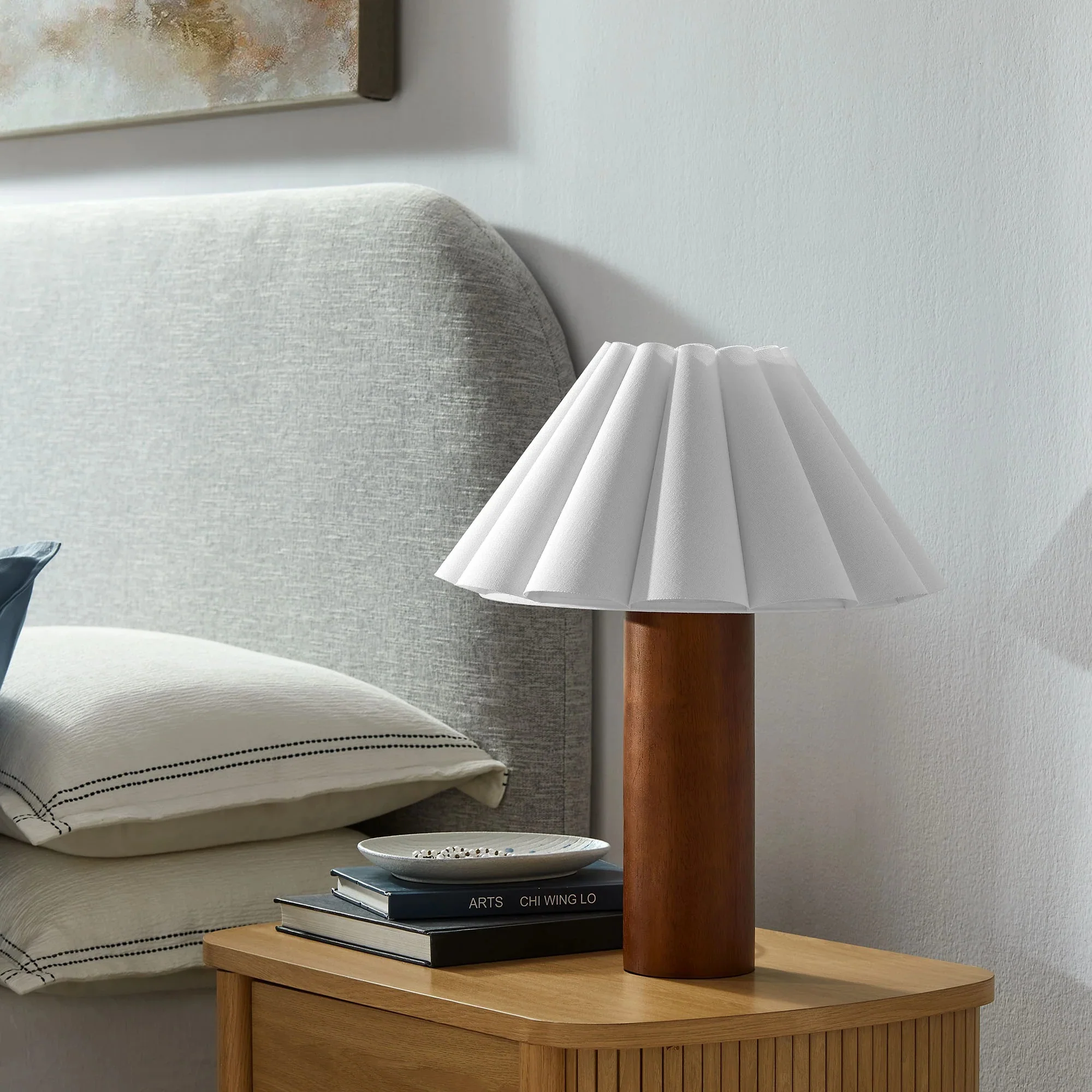 Flora Wood Table Lamp With Pleated Petal Shade in Walnut - Image 3