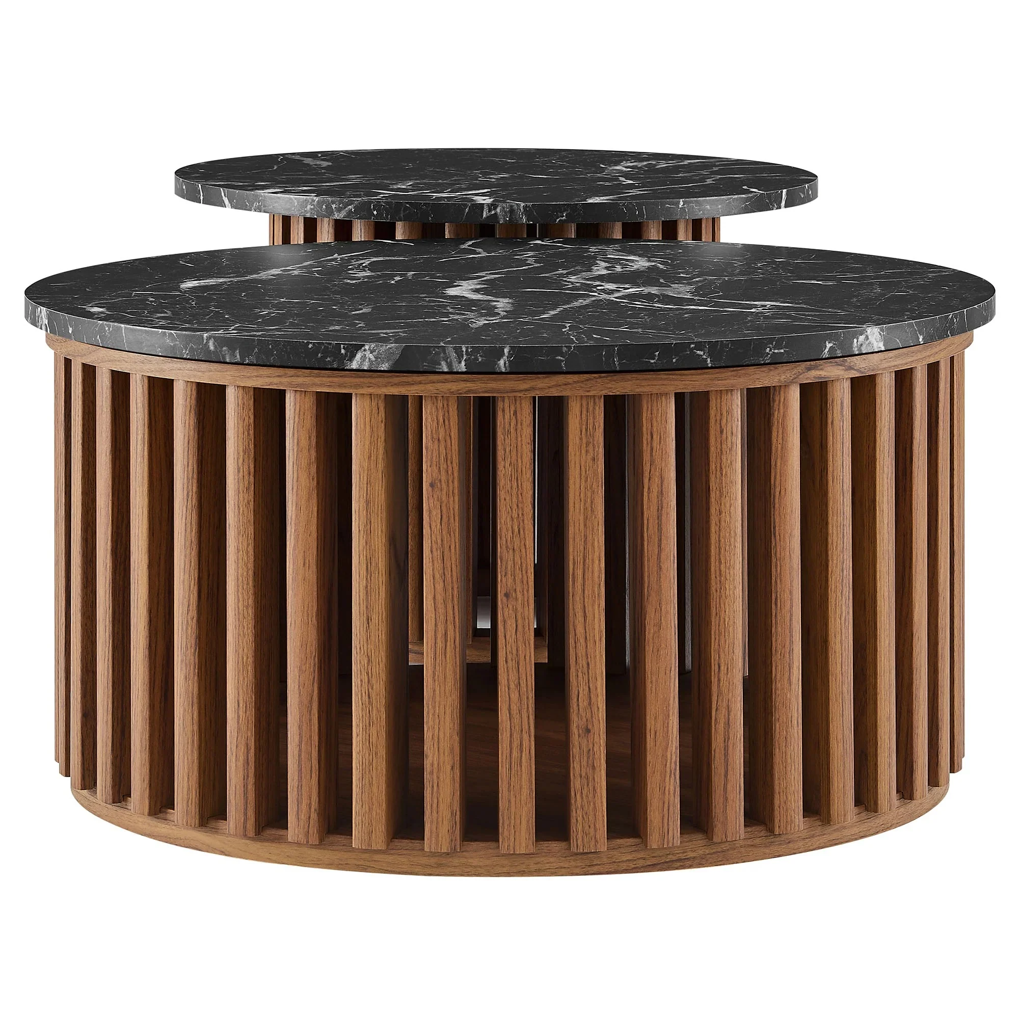 Fortitude Round Faux Marble Top Nesting Coffee Table Set in Walnut Black - Image 10