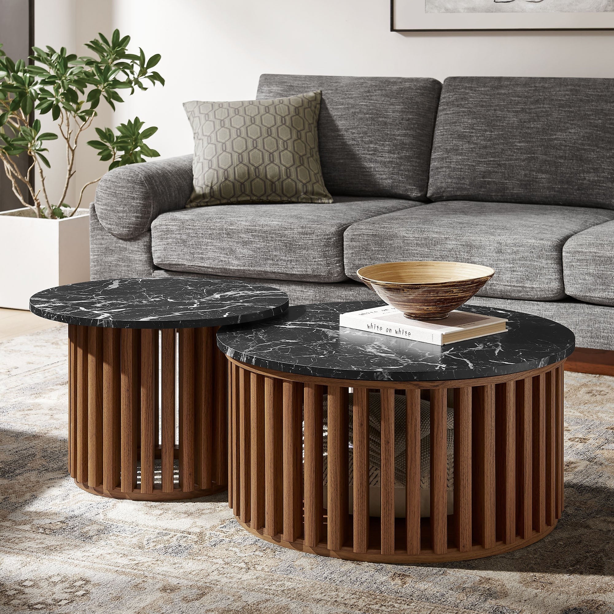 Fortitude Round Faux Marble Top Nesting Coffee Table Set in Walnut Black - Image 3